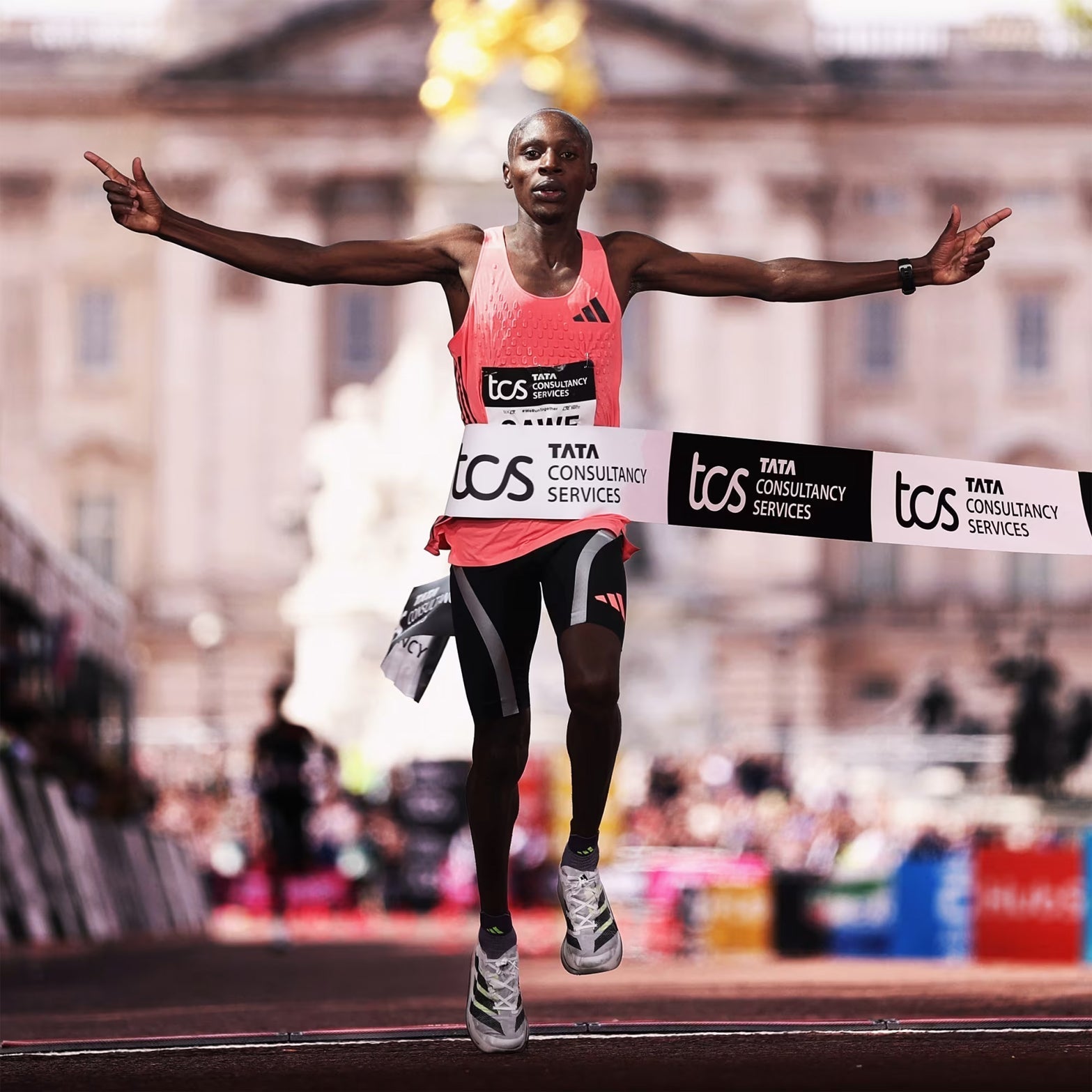 Sabastian Sawe crossing the London Marathon finish line wearing Adidas Adizero Adios Pro Evo 3
