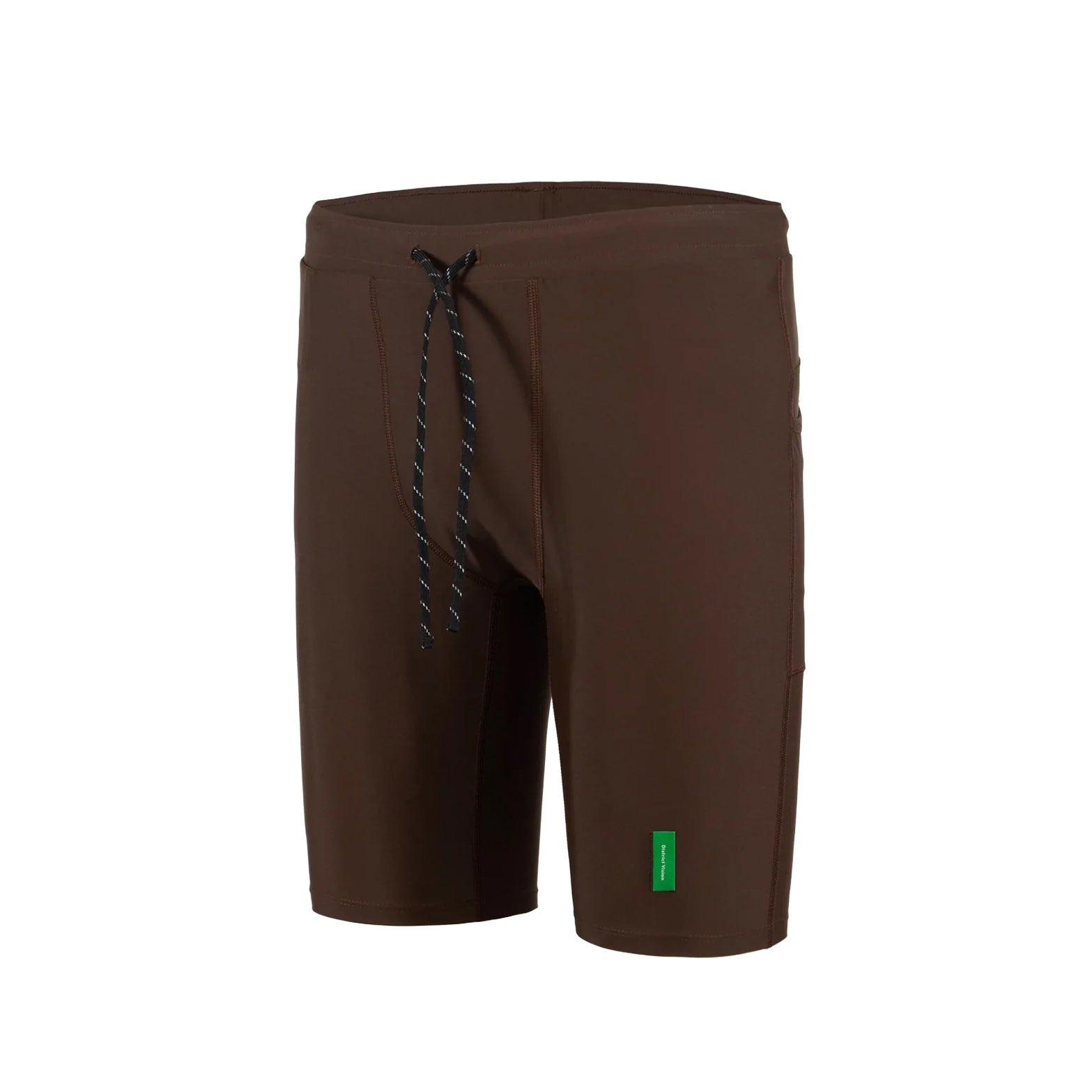 District Vision 9 Inch Recycled Half Tights Umber front product view showing Italian-milled recycled four-way stretch fabric with side phone pocket and 9-inch inseam