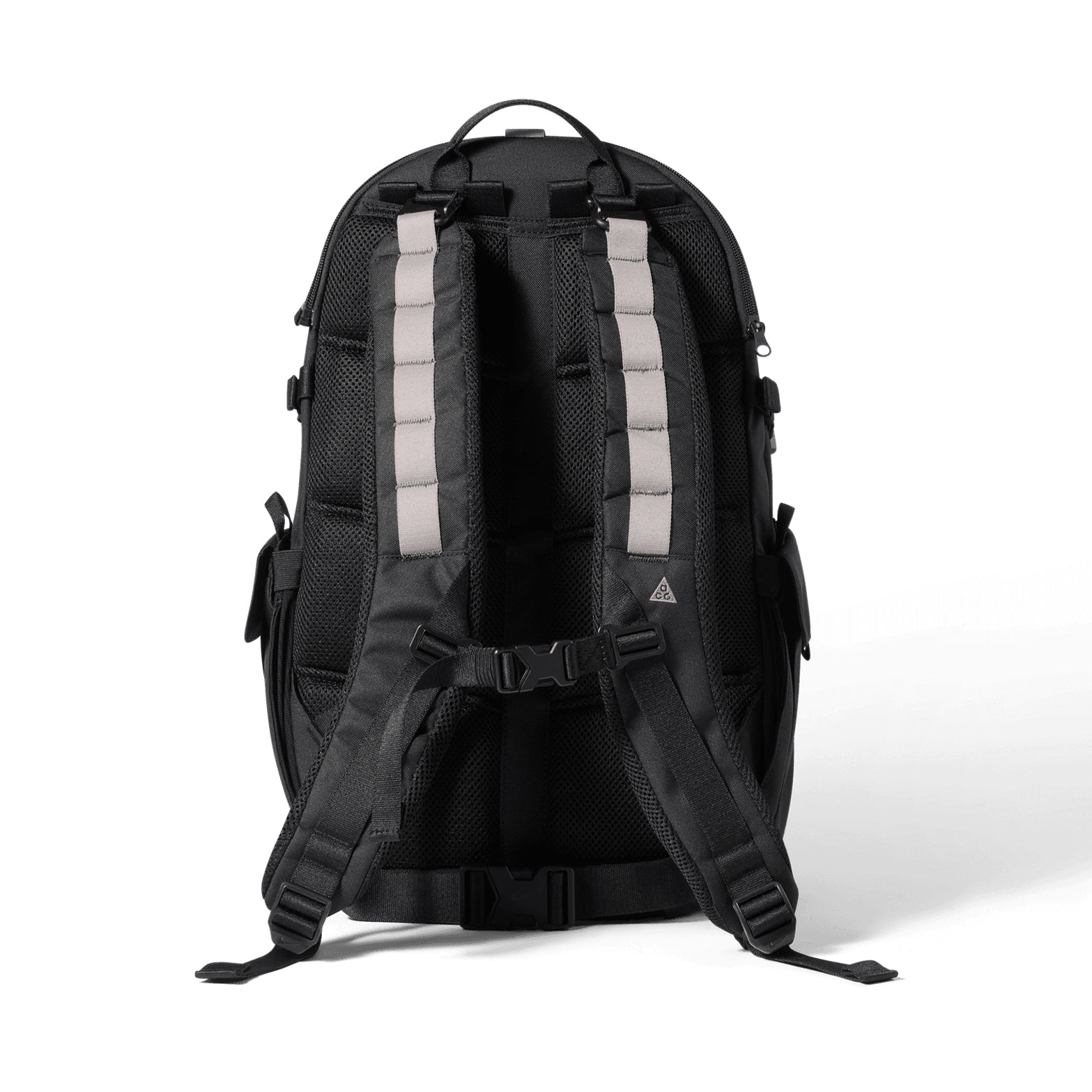 The Nike ACG Daymax 25L Backpack in Black and College Grey is shown from the back, highlighting its padded shoulder straps with light grey accents and multiple adjustment buckles.