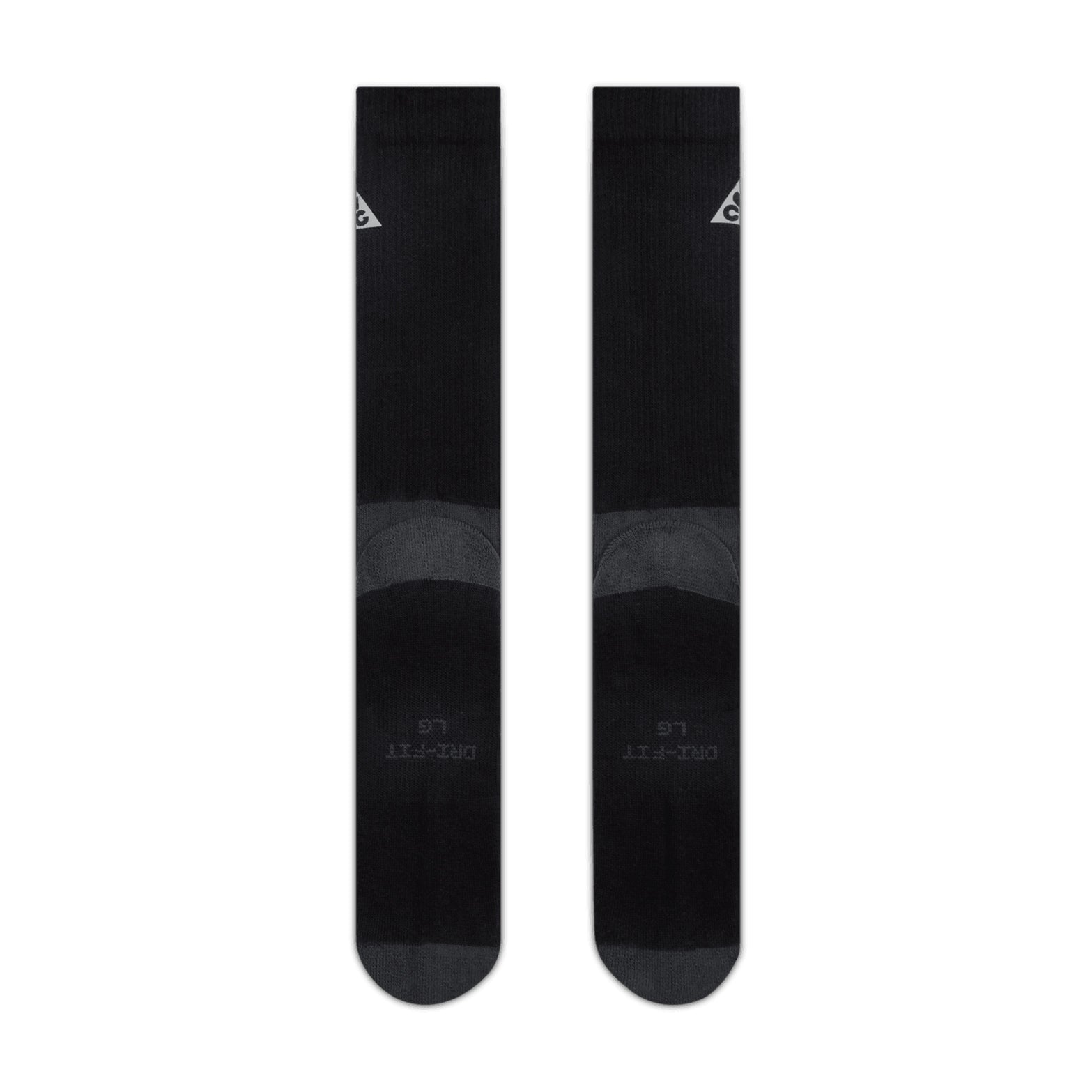 Nike ACG Everyday Elevated Crew Socks Black Dark Smoke Grey pair back view showing banded arch support and cushioning under hee