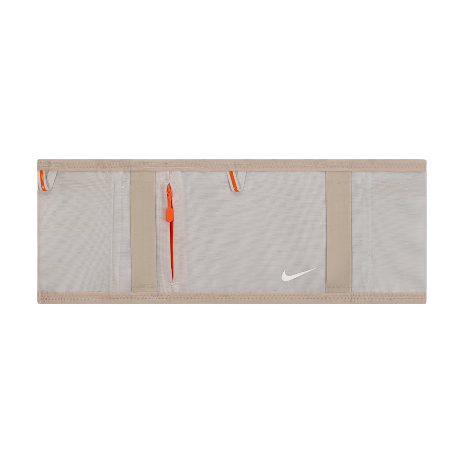Nike ACG Goat Belt in Grey Fog / Safety Orange / Summit White — back product shot showing elastic-silicone pole storage loops and grey fog recycled polyester construction with summit white accent detailing
