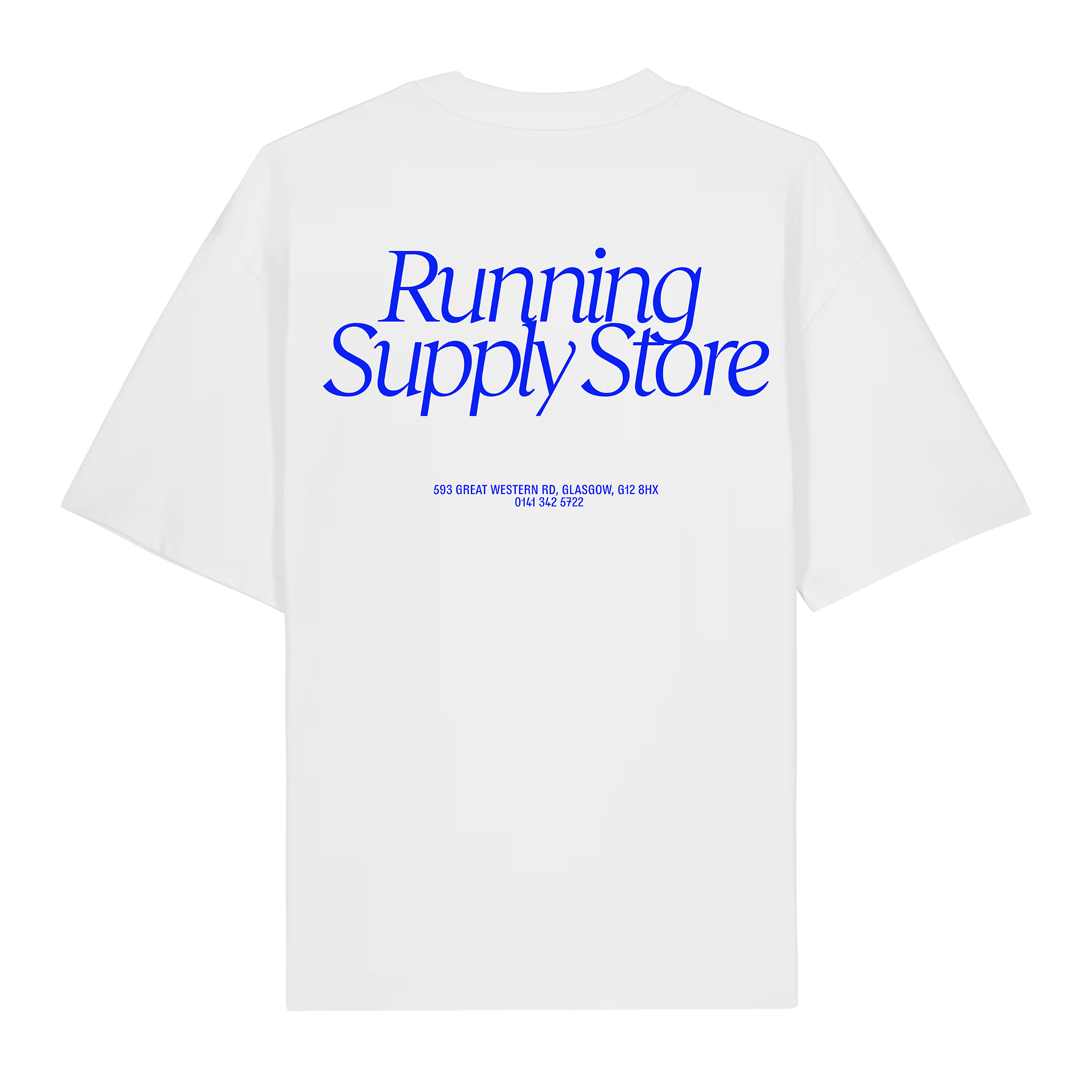 Achilles Heel’s Running Supply Store Tee White / Blue is a white oversized unisex t-shirt crafted from soft organic cotton for a comfortable, eco-friendly fit. The upper back features a large blue “Running Supply Store” print, with the address and phone number below in smaller blue text. All graphics are centered and printed using vegan inks.