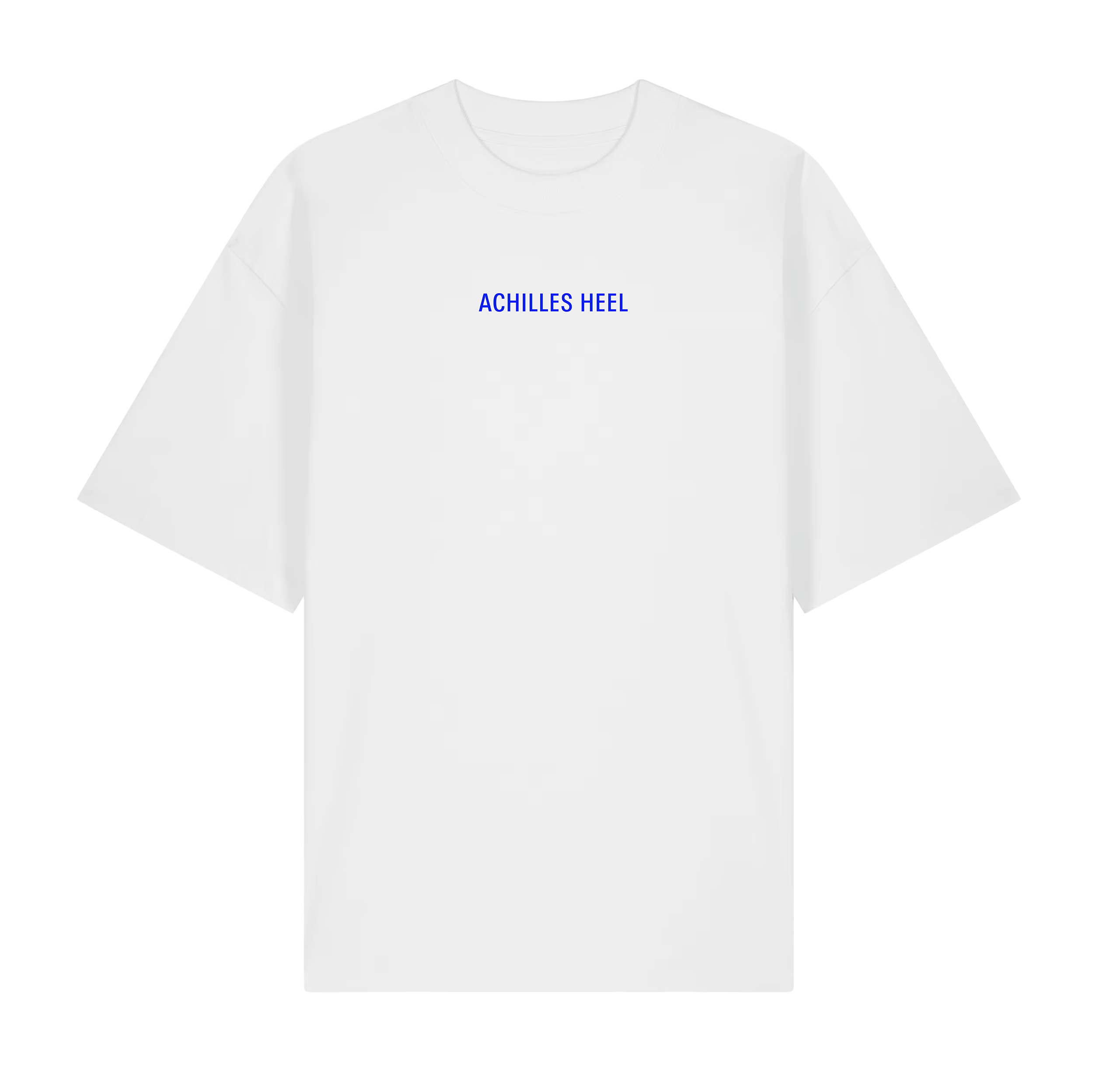 The Running Supply Store Tee White / Blue by Achilles Heel is an oversized unisex t-shirt, made from organic cotton, featuring small blue capital letters spelling “ACHILLES HEEL” on the chest.