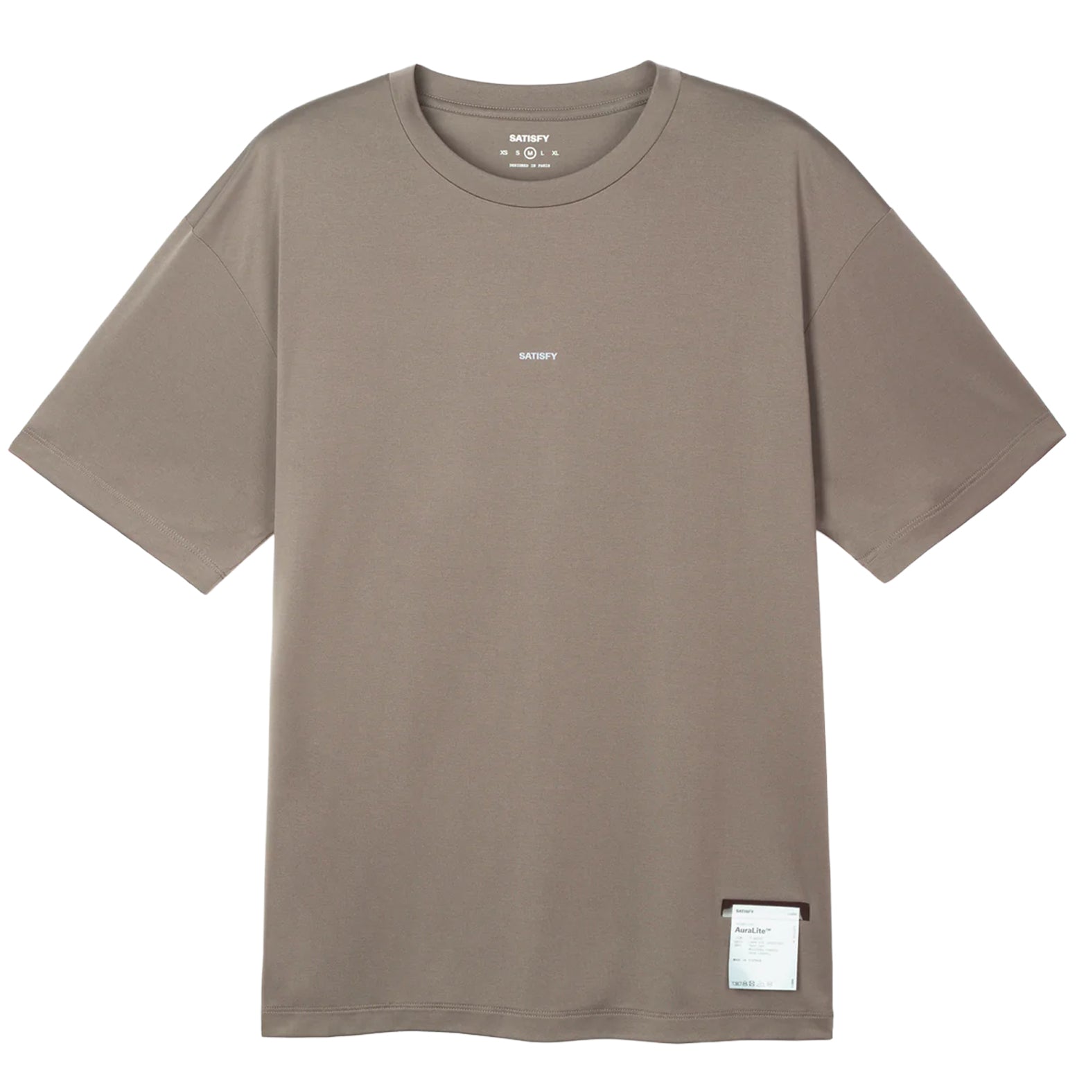 Satisfy AuraLite Tee Pigment Falcon front product view showing lightweight AuraLite recycled micro jersey from Japan with reflective SATISFY logo and fast-dry construction