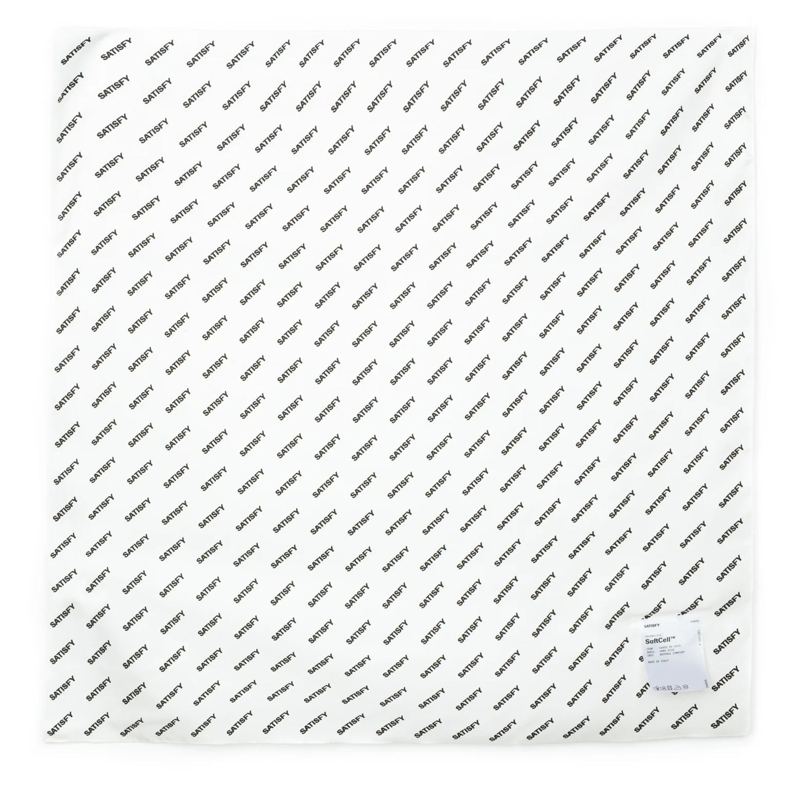 Satisfy Carré de Soie SoftCell™ Bandana in White Down — flat unfolded product shot showing full 60cm x 60cm dimensions, all-over Satisfy logo print and white down SoftCell™ silk construction