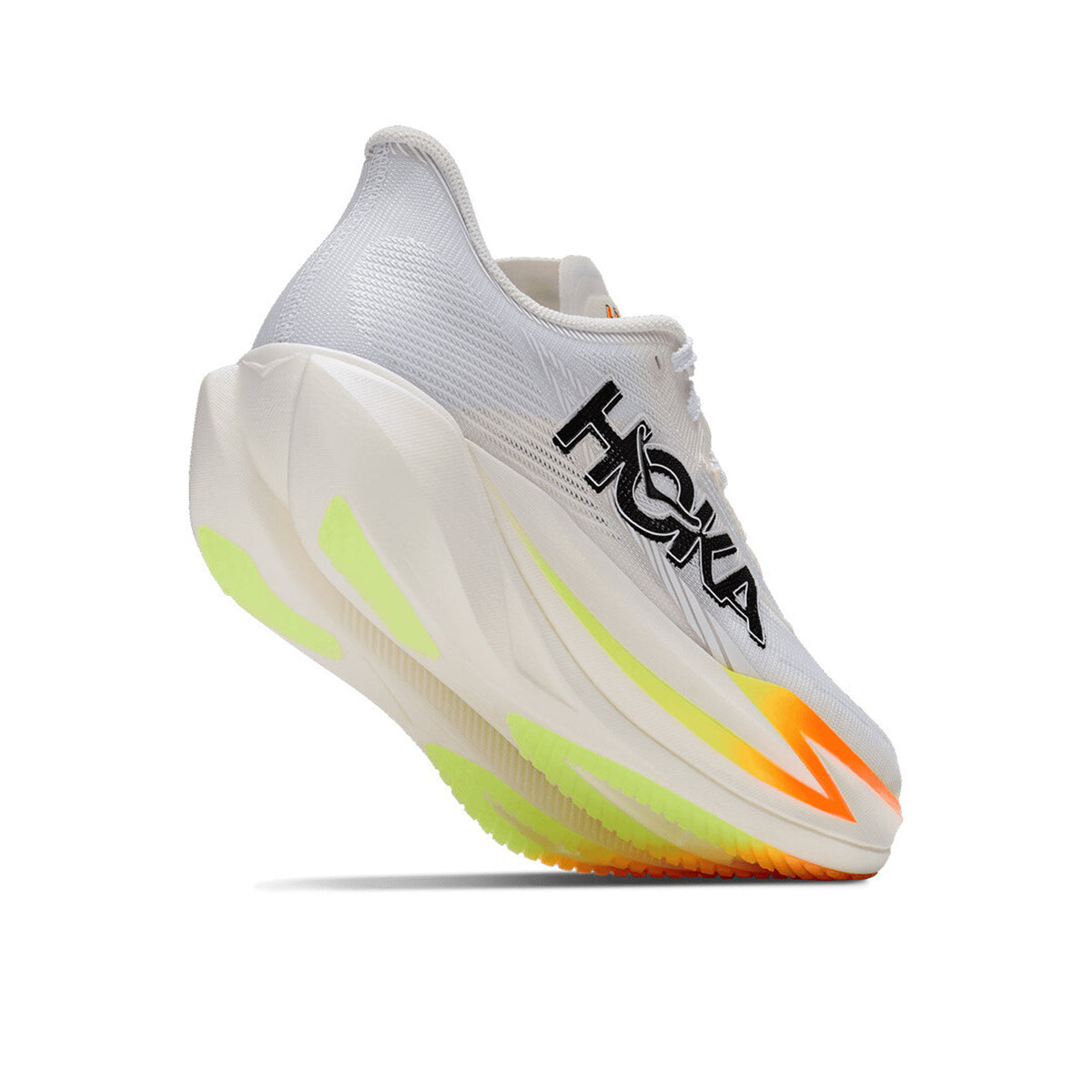 HOKA Cielo X1 3.0 Running Shoes Frost Black angled side and heel view showing carbon fibre plate with dual-layer PEBA midsole and refined heel geometry for propulsive stable road racing from 5K to marathon
