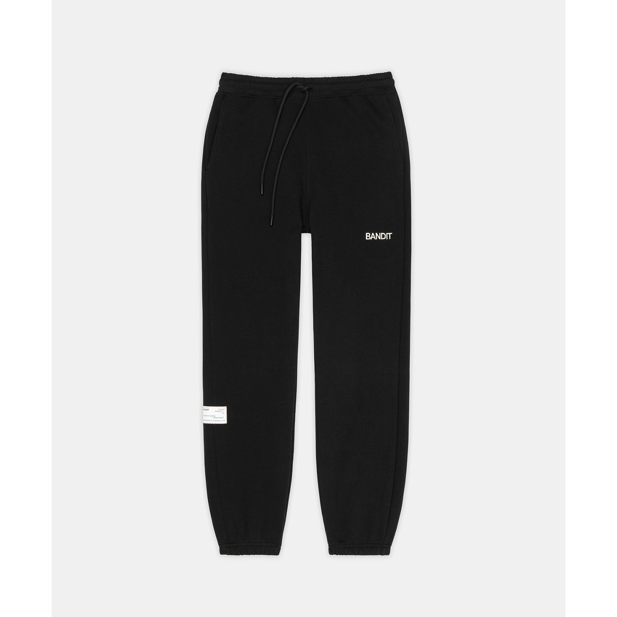 Black sweatpants with an elastic waistband, drawstring, and cuffed ankles. The word BANDIT is printed in white on the left thigh, and there is a small white label near the left ankle.