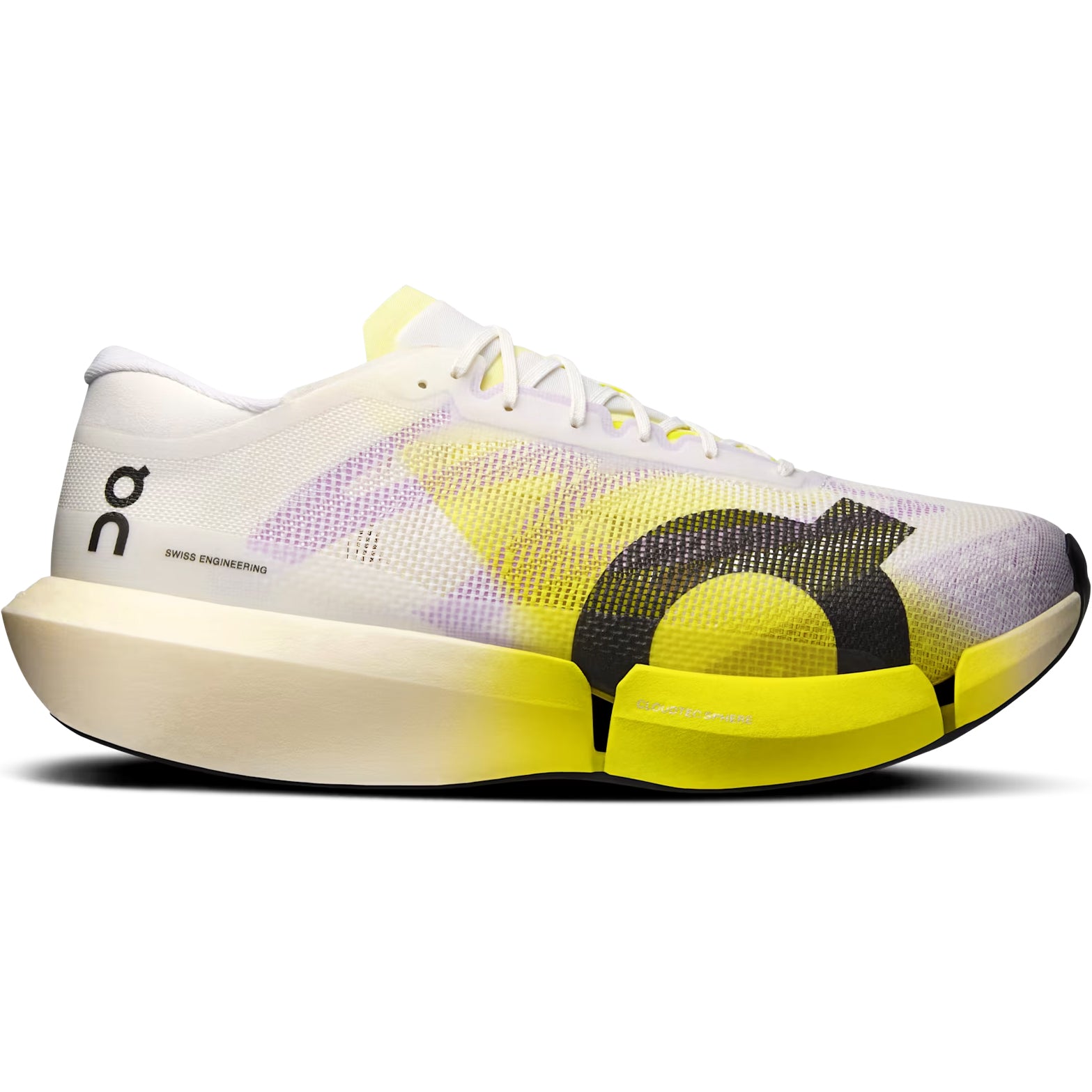 On Cloudboom Strike 2 White Lime outer side view showing CloudTec Sphere cushioning system with Helion HF hyper foam and carbon Speedboard for marathon race day performance
