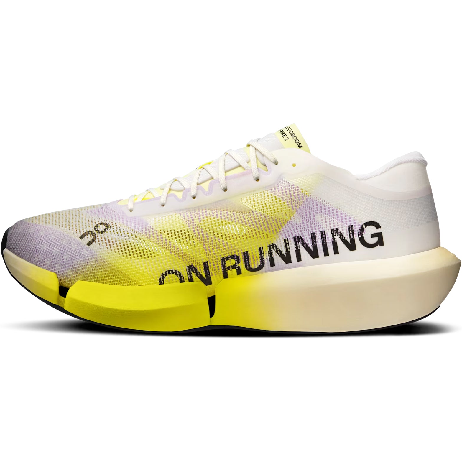 On Cloudboom Strike 2 White Lime inner side view showing Helion HF hyper foam with removable top midsole and carbon Speedboard for customisable responsive race day cushioning
