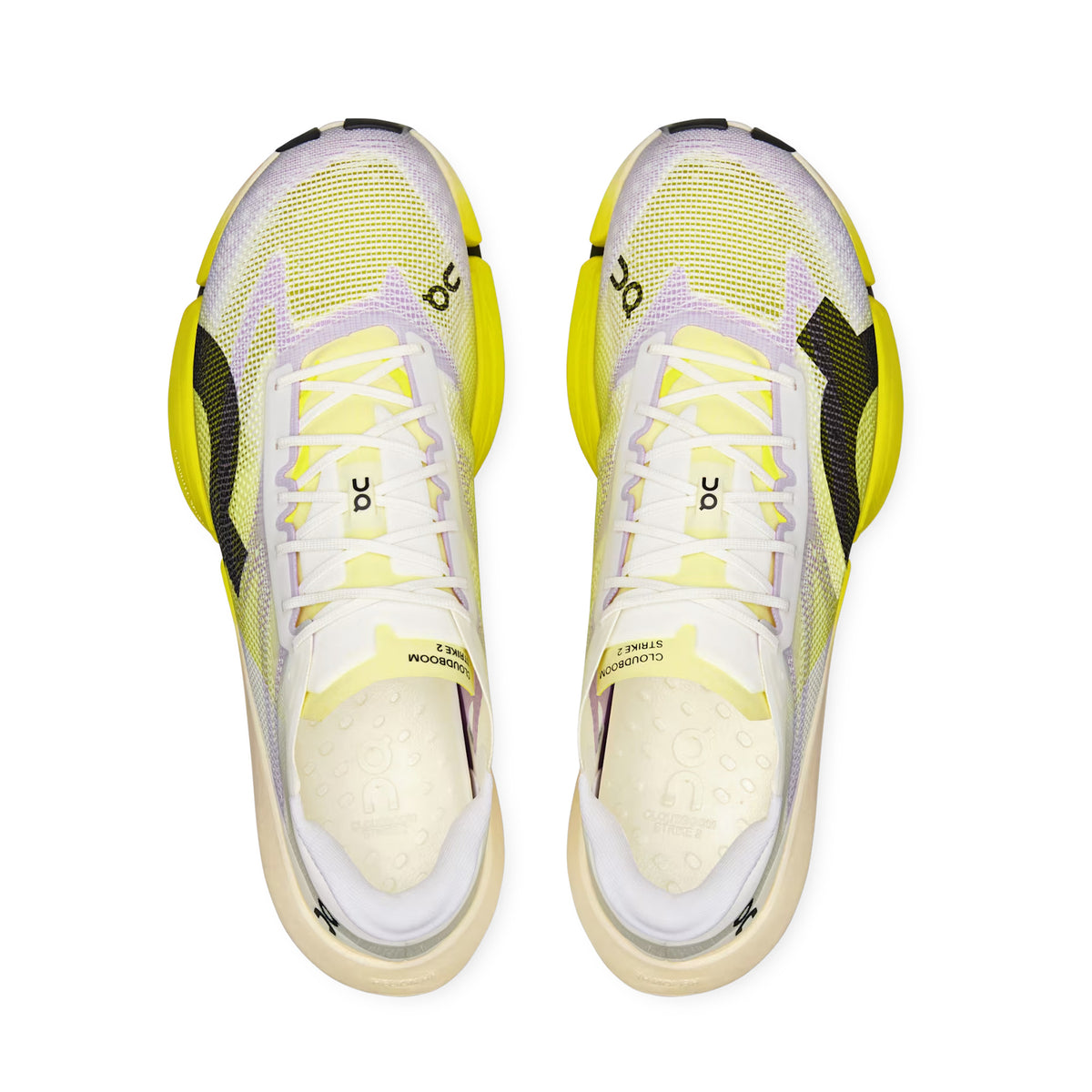 On Cloudboom Strike 2 White Lime top view showing adaptable open-weave upper with lightweight breathable construction for comfortable marathon and half-marathon racing