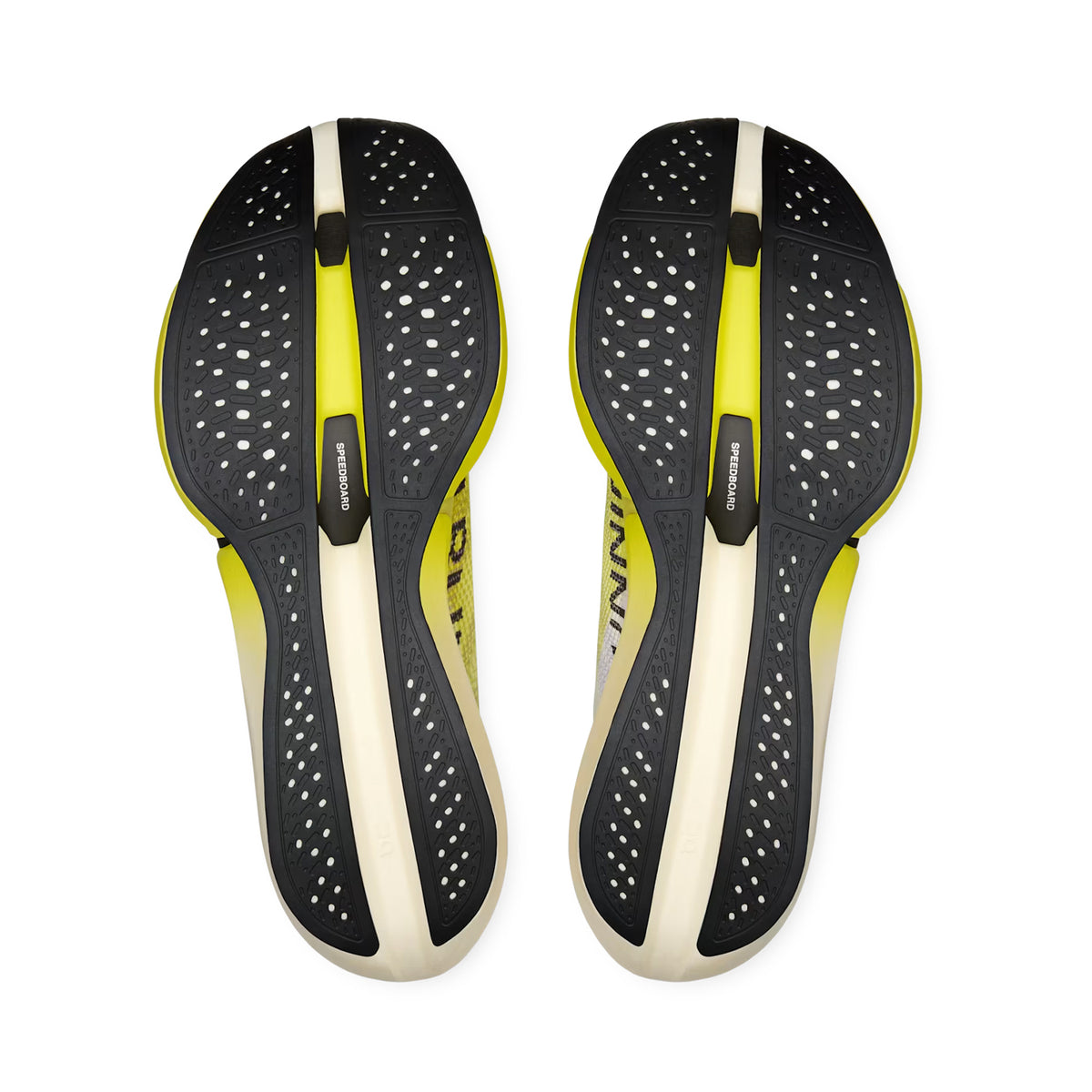 On Cloudboom Strike 2 White Lime sole view displaying high-grip rubber outsole with CloudTec Sphere cushioning system for confident traction during marathon racing