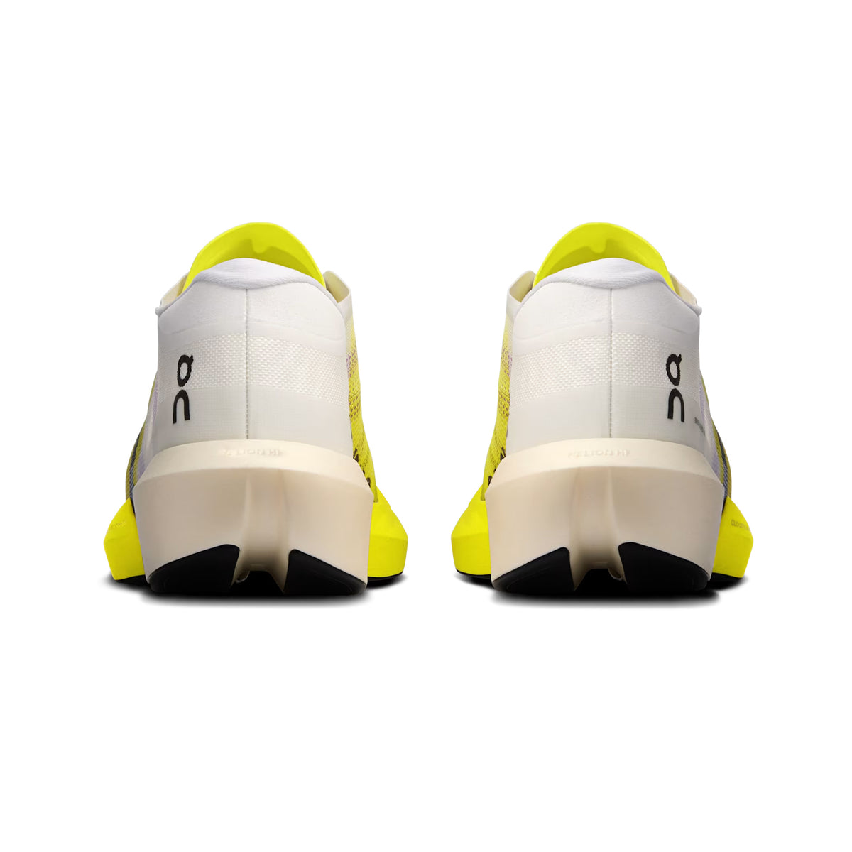 On Cloudboom Strike 2 White Lime heel view showing Helion HF hyper foam with carbon Speedboard and CloudTec Sphere system for energy return and propulsion during race day