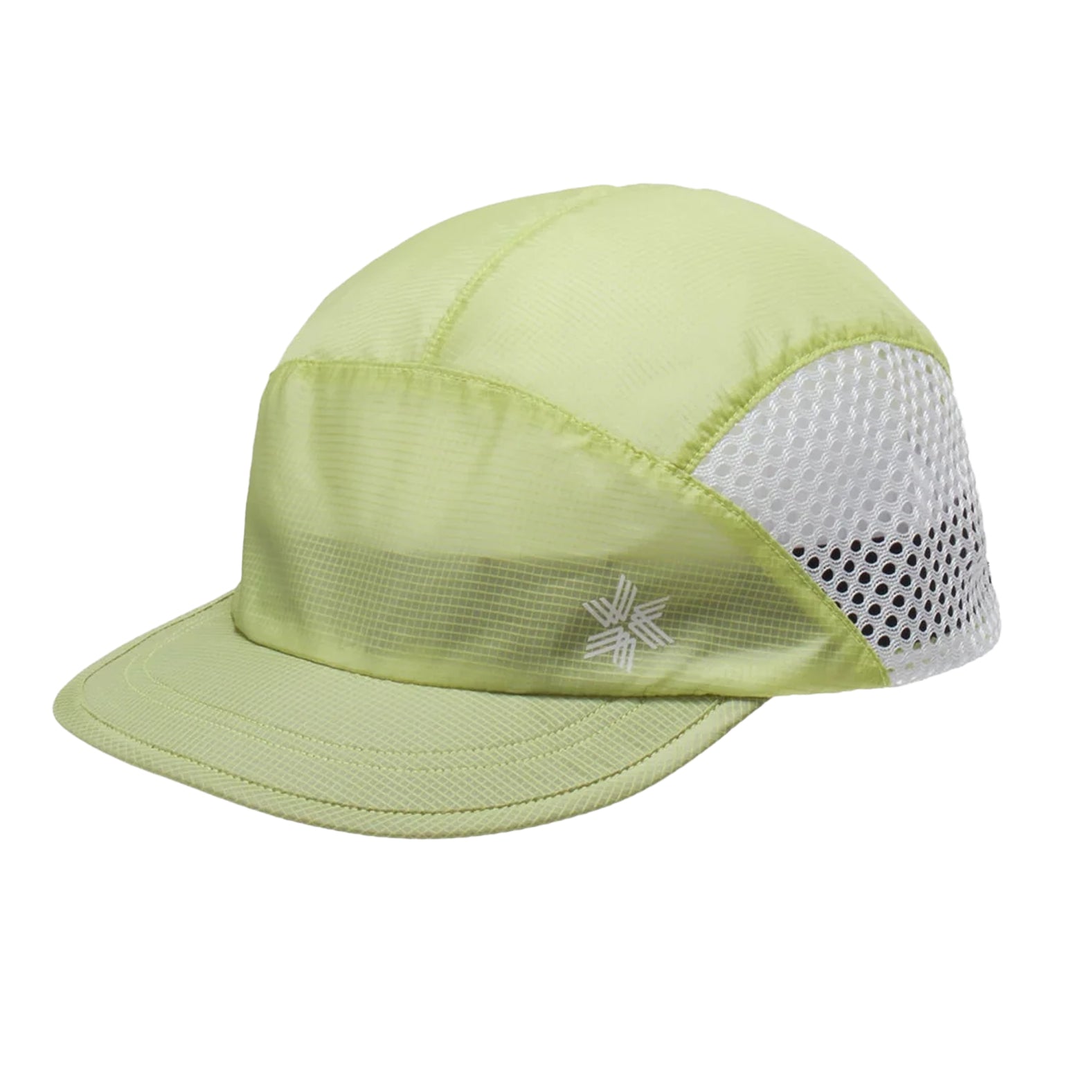 Goldwin Compact Run Mesh Cap Usuyanagi front view showing lightweight foldable construction with side mesh inserts and shorter canopy for wider vision