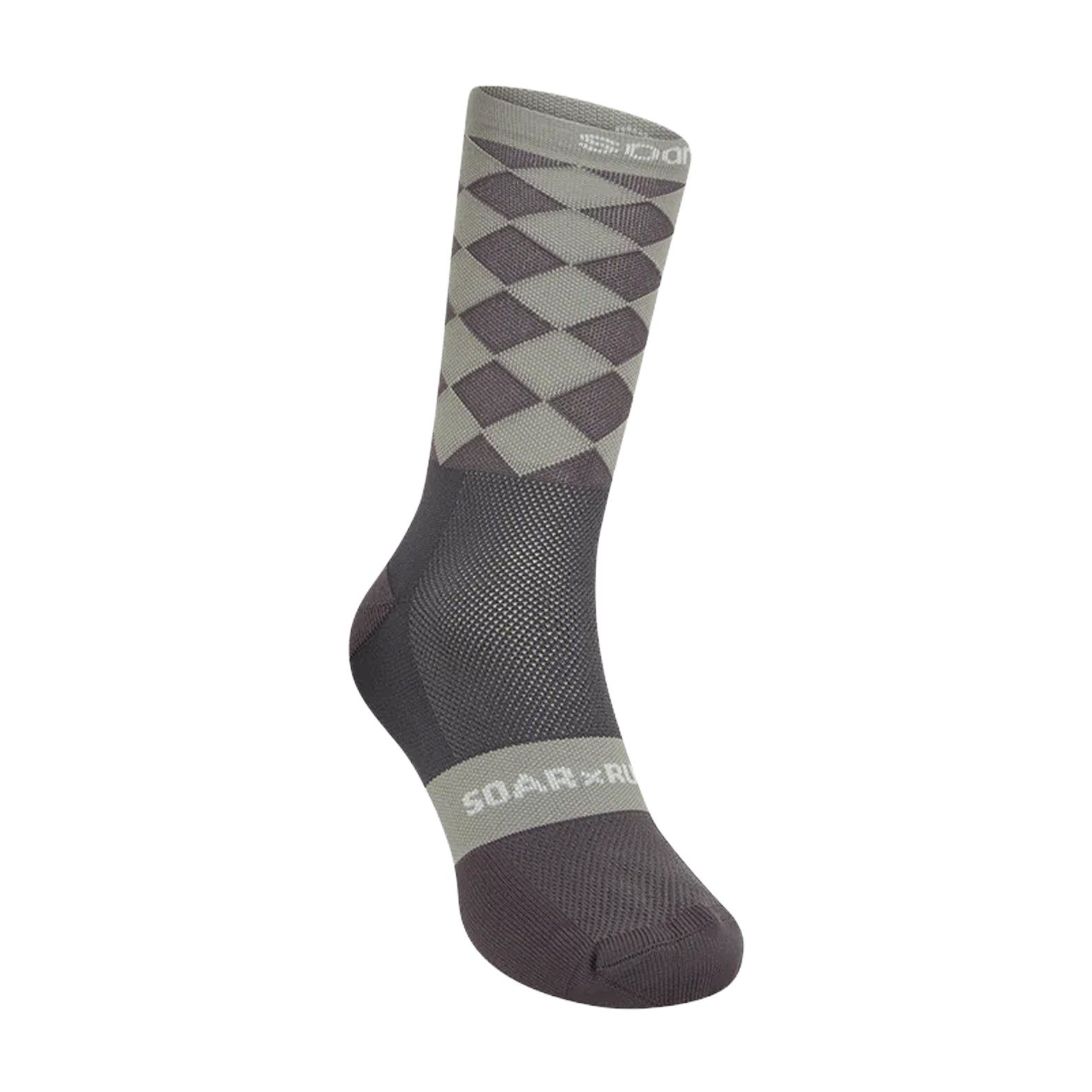 Soar Diamond Crew Socks Dark Grey Warm Grey front view showing open mesh knit midfoot, ribbed mid-calf cuff and diamond pattern detail