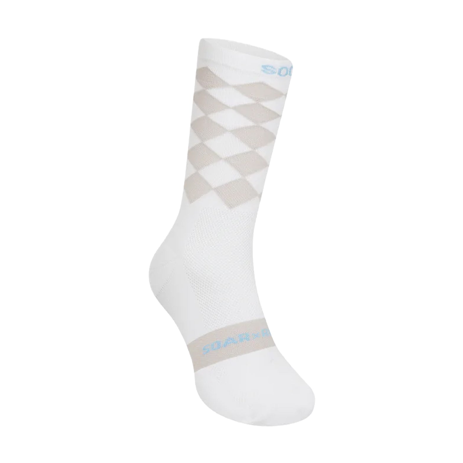 Soar Diamond Crew Socks White Light Grey front view showing open mesh knit midfoot, ribbed mid-calf cuff and diamond pattern detail