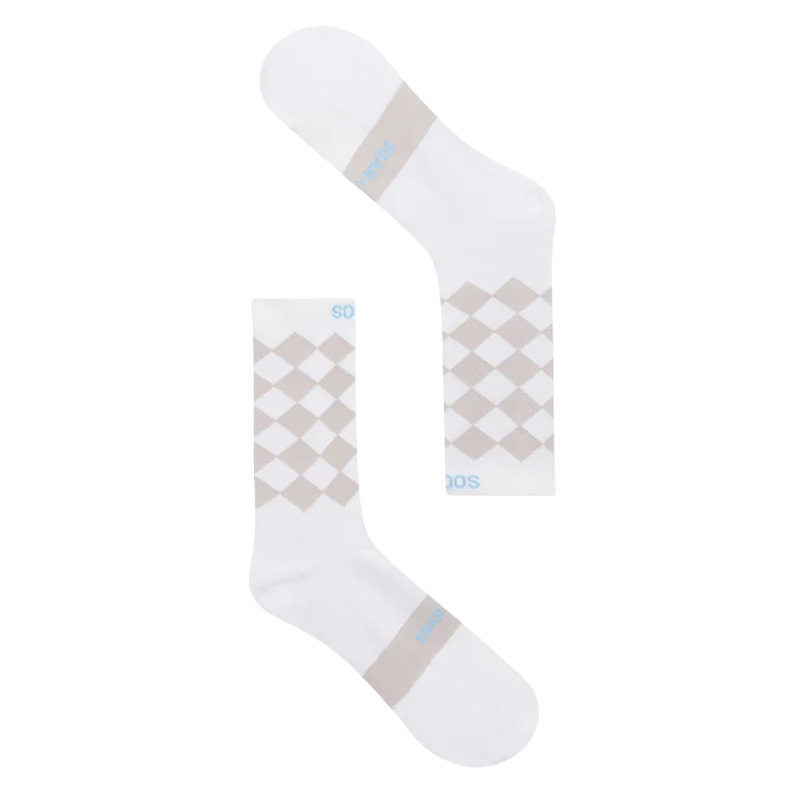 Soar Diamond Crew Socks White Light Grey pair view showing mid-calf cut, ribbed cuff and reinforced heel and toe panels