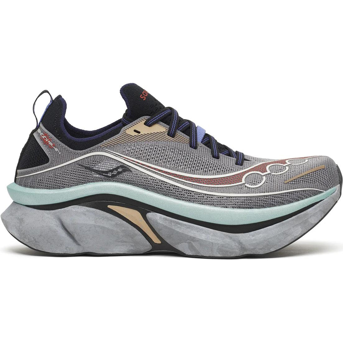 In shades of gray with blue and beige accents, the Saucony Endorphin Elite 3 Running Shoes in Owl / Black feature black and blue laces and a thick, multi-colored cushioned sole designed for optimal comfort and performance. Engineered with a carbon fibre plate for enhanced propulsion, these high-performance running shoes stand out as an exceptional choice.