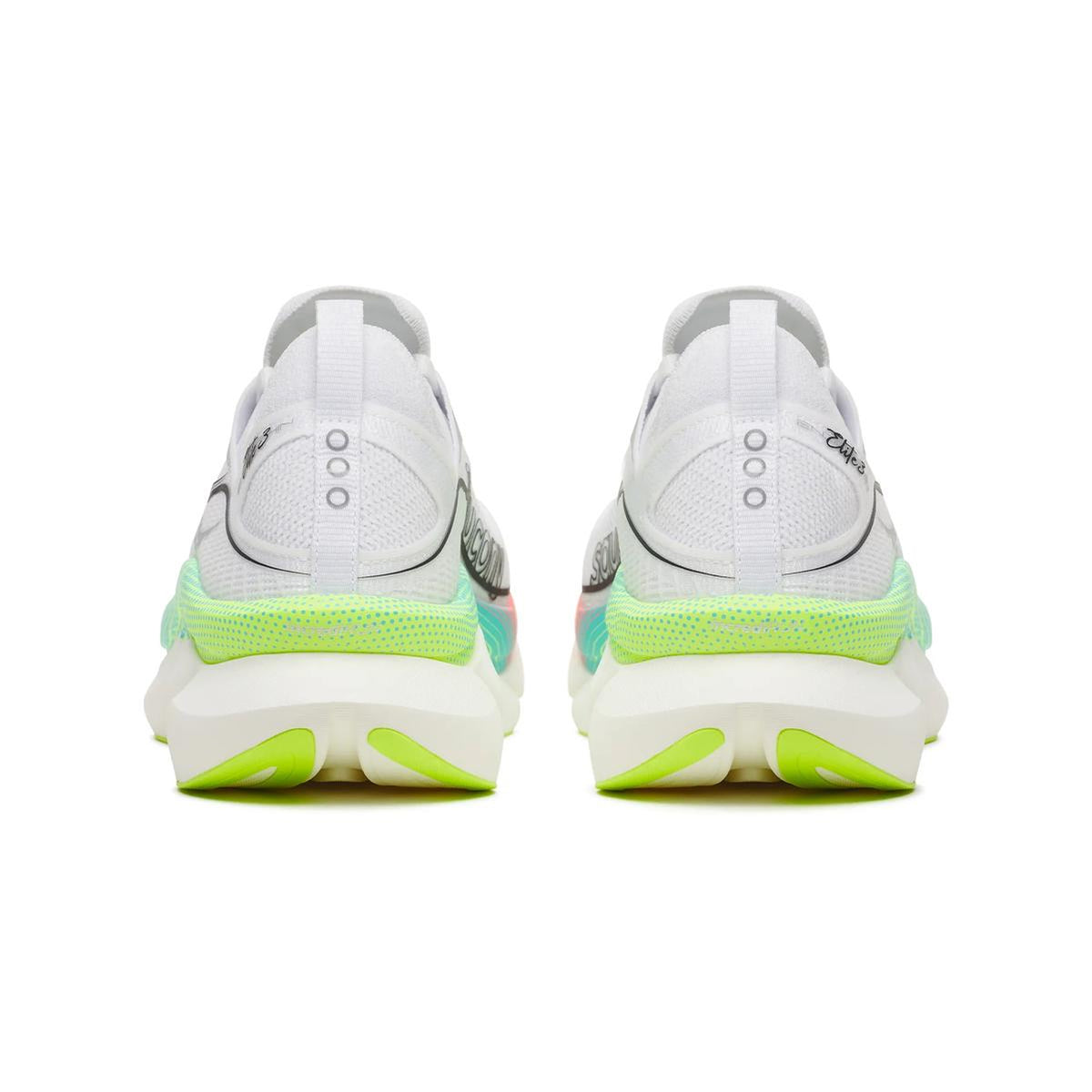 Saucony Endorphin Elite 3 Running Shoes White Multi heel view showing 40mm IncrediRUN foam stack with slotted carbon fibre plate for industry-leading energy return