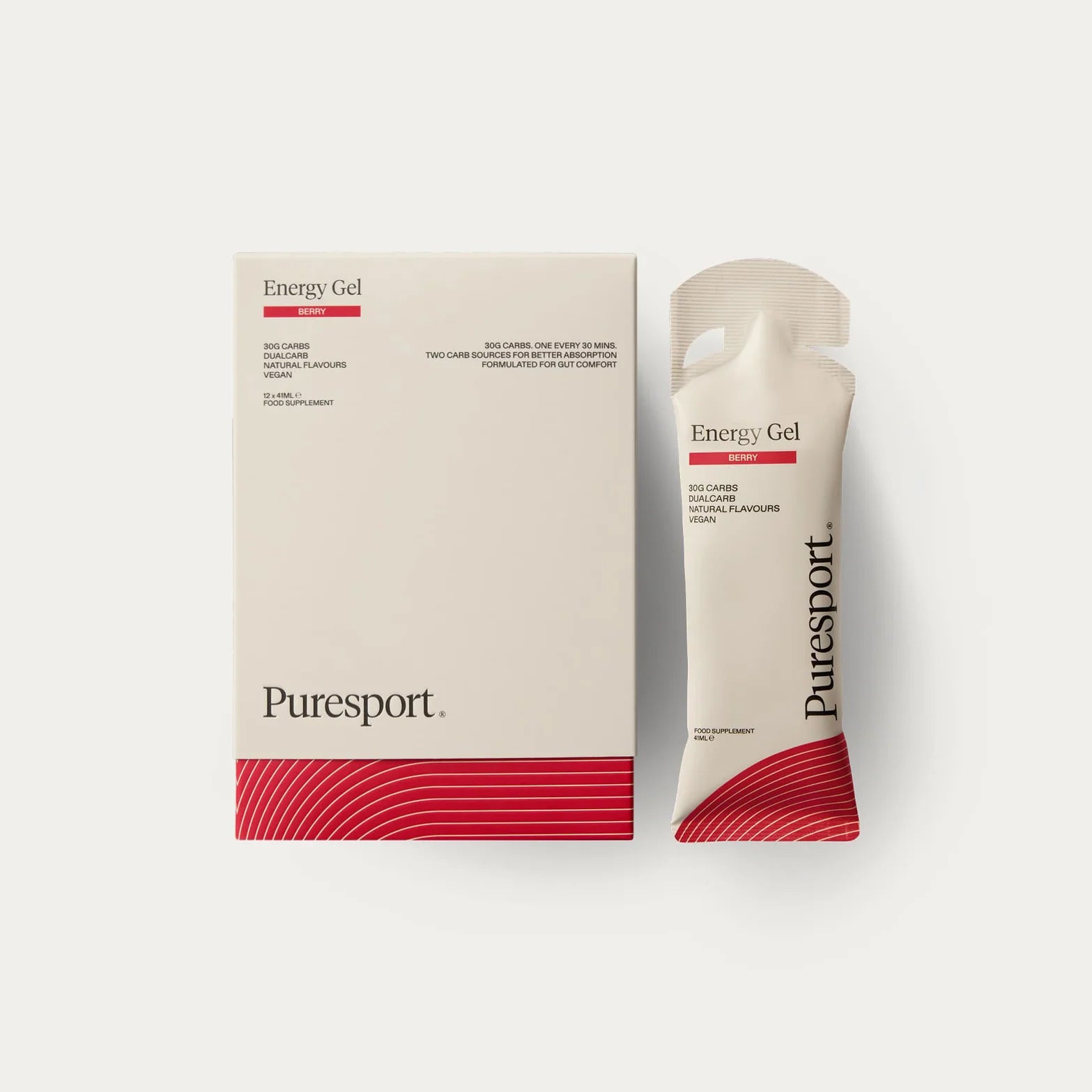 Puresport Energy Gel Berry 6 Pack — product shot showing full six pack box with individual gel packaging and berry flavour DualCarb™ energy gel branding