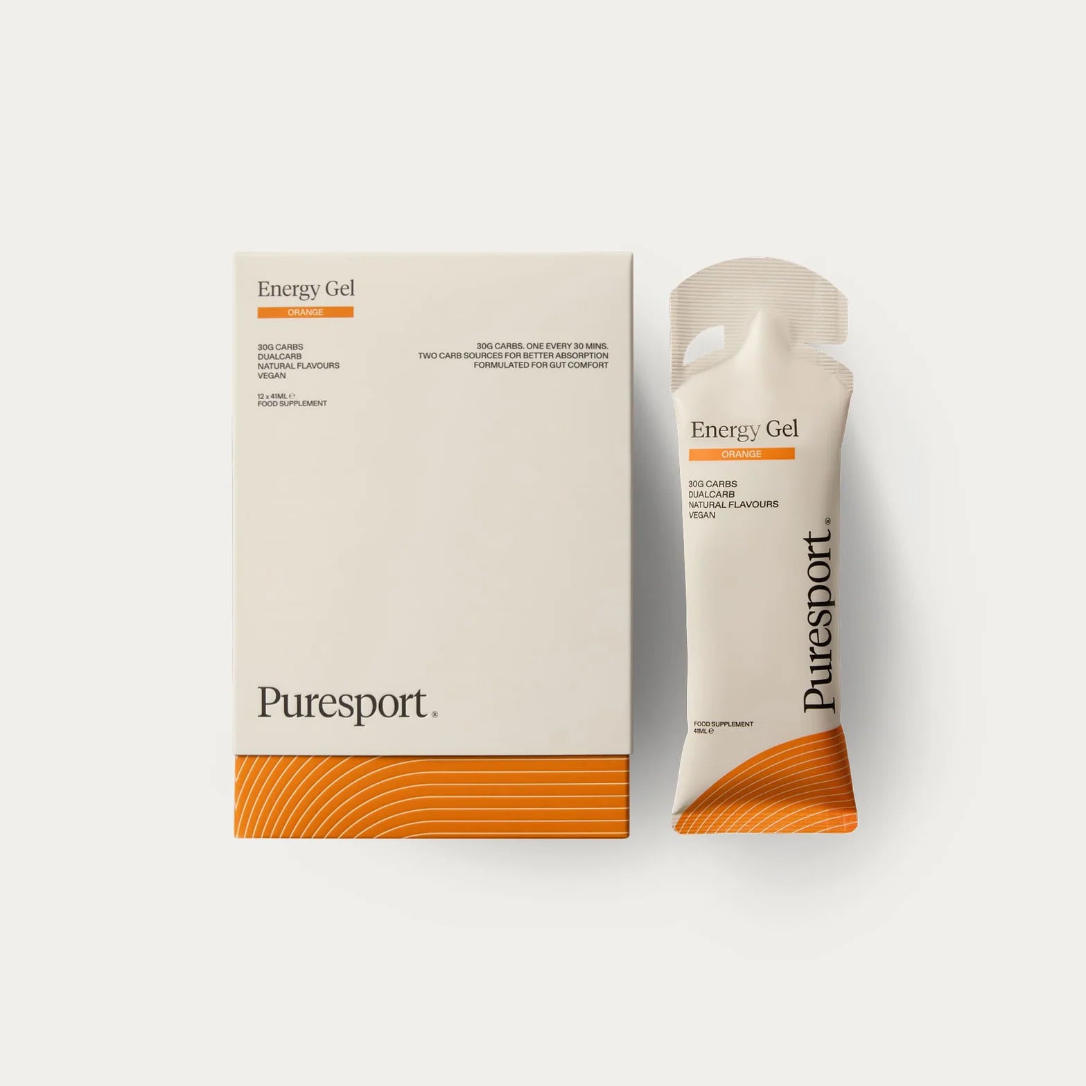 Puresport Energy Gel Orange 6 Pack — product shot showing full six pack box with individual gel packaging and orange flavour DualCarb™ energy gel branding