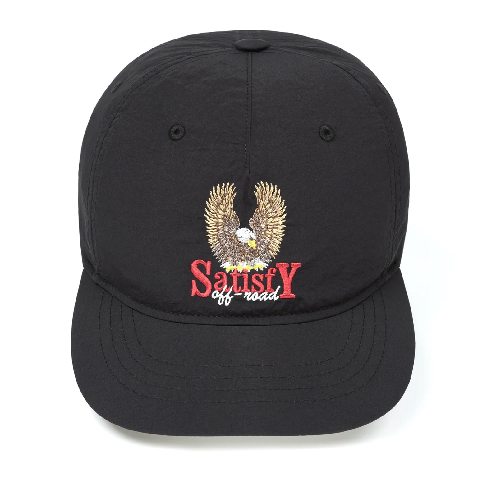 Satisfy FliteSilk™ 5 Panel Pinch Cap in Black Eagle — front product shot showing five-panel pinch construction, short brim, black FliteSilk™ Italian nylon and Satisfy embroidery across front panels