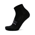 Balega Hidden Comfort Quarter Running Socks in Black — product shot showing black plush cushioned quarter sock construction with deep heel pocket, seamless design and Drynamix™ moisture-wicking yarn