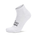 Balega Hidden Comfort Quarter Running Socks in White — product shot showing white plush cushioned quarter sock construction with deep heel pocket, seamless design and Drynamix™ moisture-wicking yarn