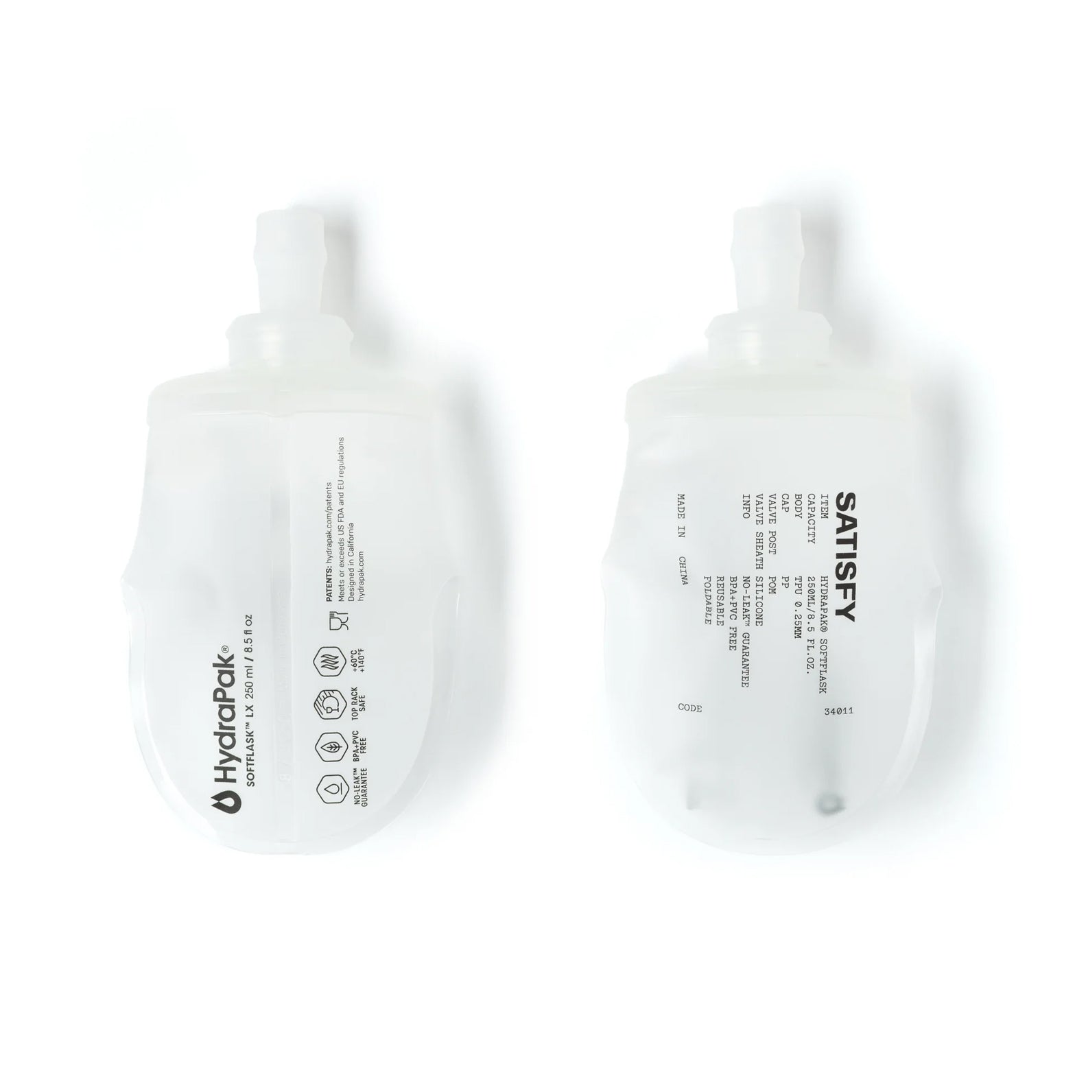 Satisfy HydraPak Soft Flask 2 Pack 250ml pair front view showing ultra-durable BPA and PVC-free TPU construction with leakproof high-flow bite valve