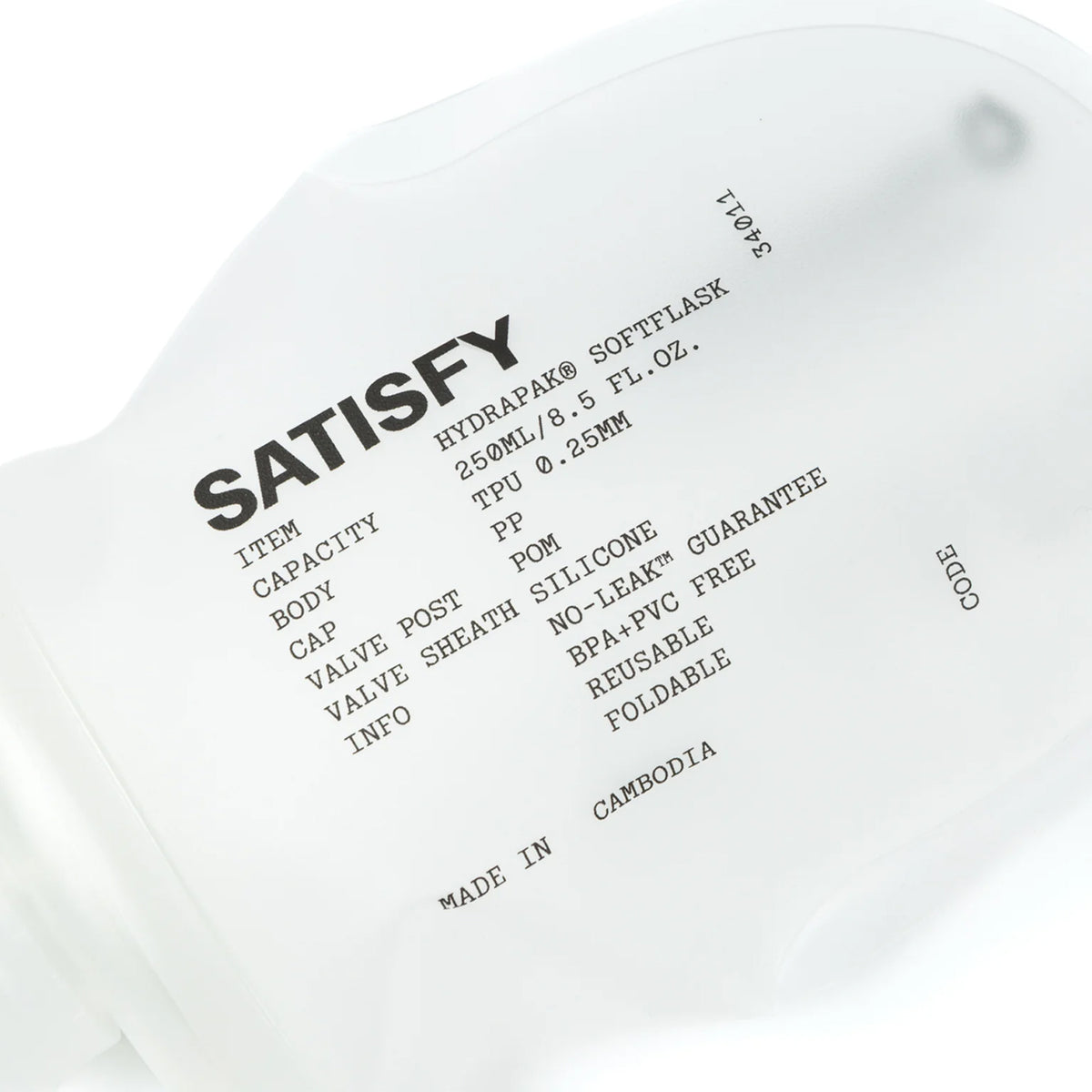 Satisfy HydraPak Soft Flask 2 Pack 250ml close-up showing 250ml capacity markings and abrasion-resistant TPU material construction details