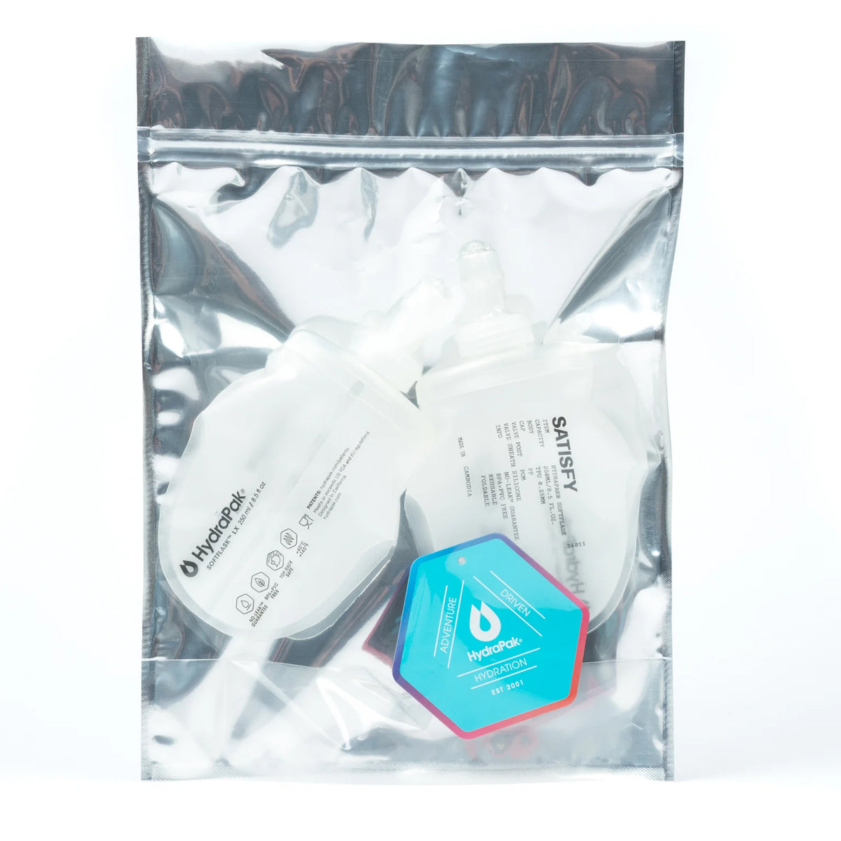 Satisfy HydraPak Soft Flask 2 Pack 250ml in packaging showing collaboration design with HydraPak for running hydration with large standard opening for ice and drink mixes