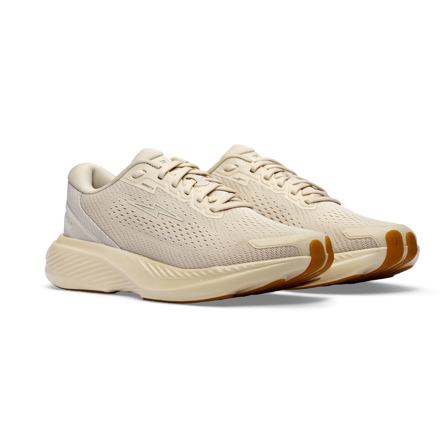 Hylo Impact 2 Running Shoes Sand Oat angled side view of pair showing HyperBolt+ bio-based foam midsole with TreadLight natural rubber outsole and 50% bio-based recycled construction for lightweight versatile road running