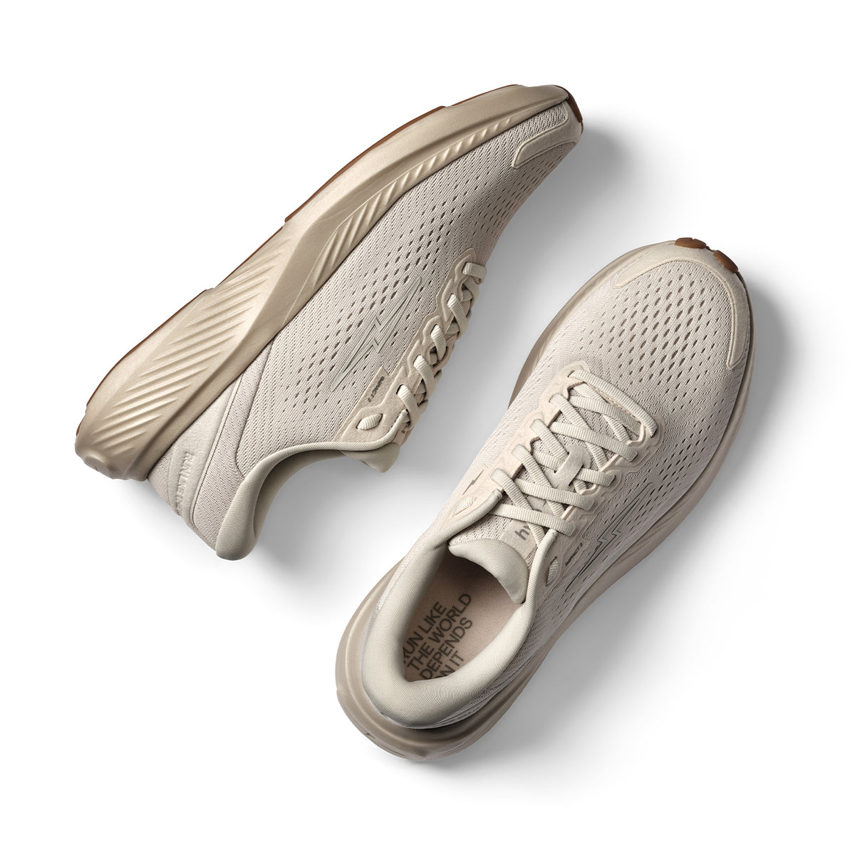 Hylo Impact 2 Running Shoes Sand Oat showing top view of lightweight CleanTech 50 bio-based upper alongside side view displaying HyperBolt+ supercritical foam midsole with TreadLight natural rubber outsole for lightweight energetic sustainable road running