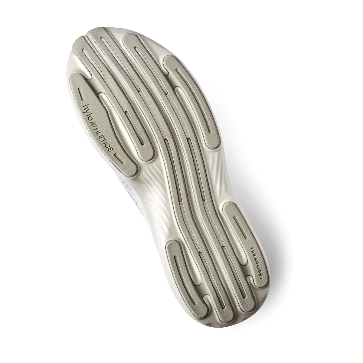 Hylo Impact 2 Running Shoes Stone sole view displaying TreadLight outsole with 60% natural rubber placed for precise grip without weight during road running