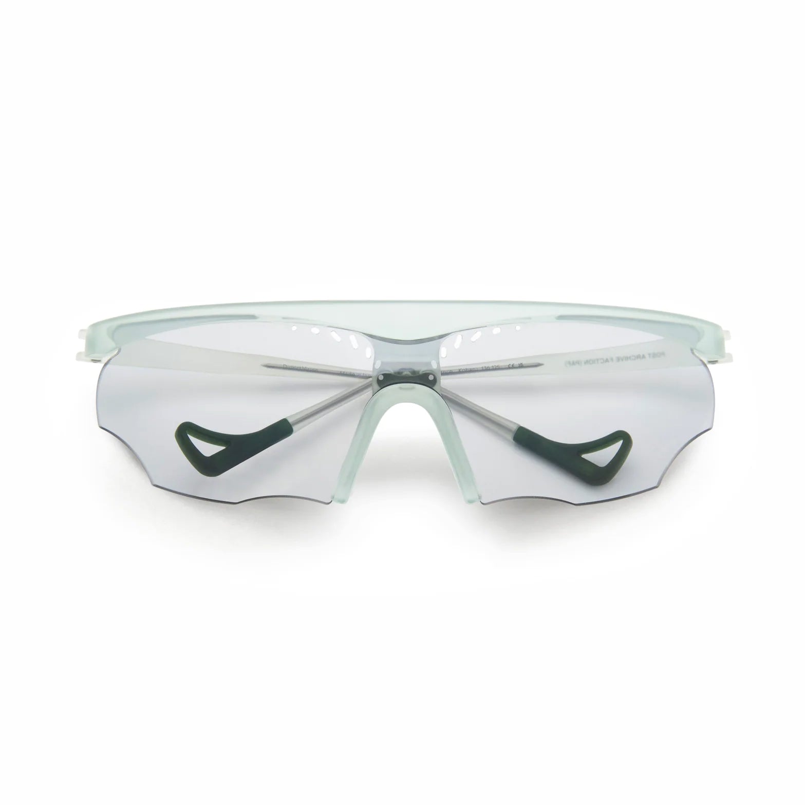 District Vision x PAF Koharu Eclipse in Lichen D+ Sports Grey — front product shot showing six-base blade-style frame construction, lichen frame and D+ Sports Gray therapeutic-grade polycarbonate lens with integrated ventilation