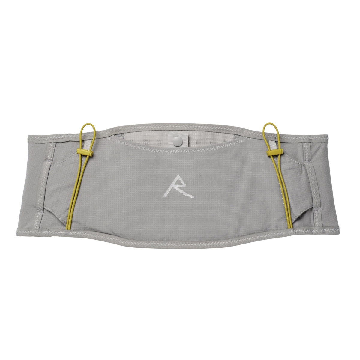 The LF 2L Running Belt Stone by Raide is a gray, bounceless running belt featuring yellow elastic loops, a white Raide logo centered on the front, and convenient side pockets for small items or gear.