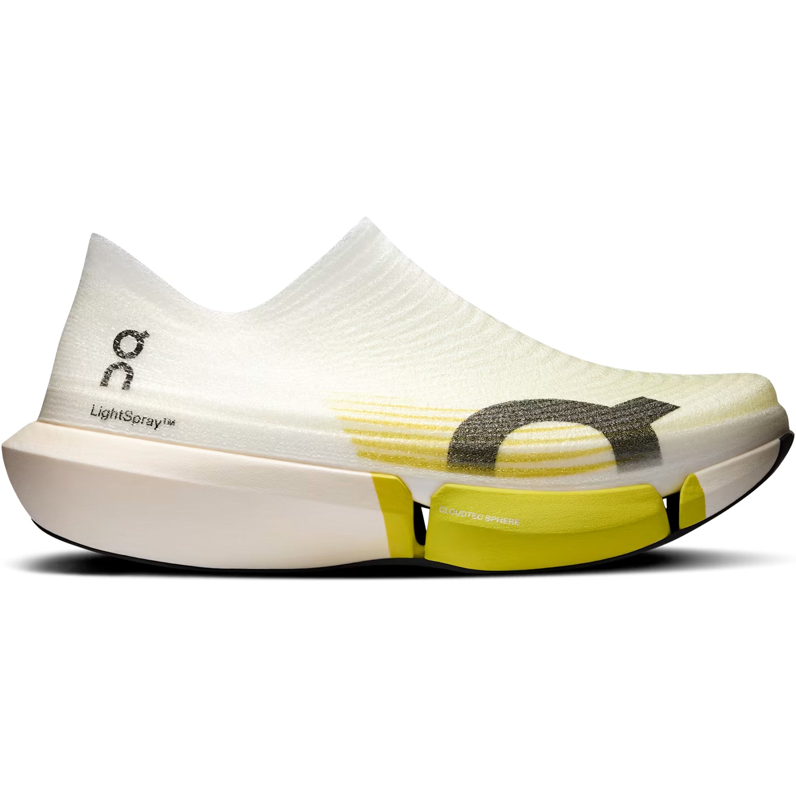 On LightSpray Cloudboom Strike 2 White Lime outer side view showing CloudTec Sphere cushioning system with Helion HF hyper foam and carbon Speedboard for marathon race day performance