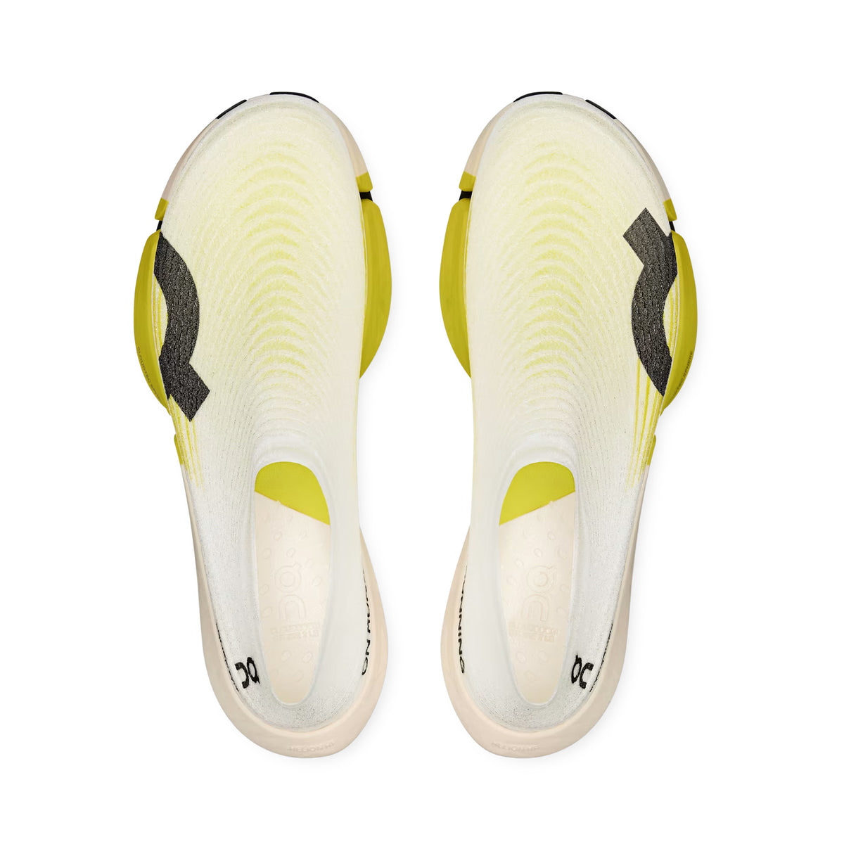 On LightSpray Cloudboom Strike 2 White Lime top view showing seamless robot-woven LightSpray upper from single 1.5km yarn for lightweight second-skin fit during marathon racing