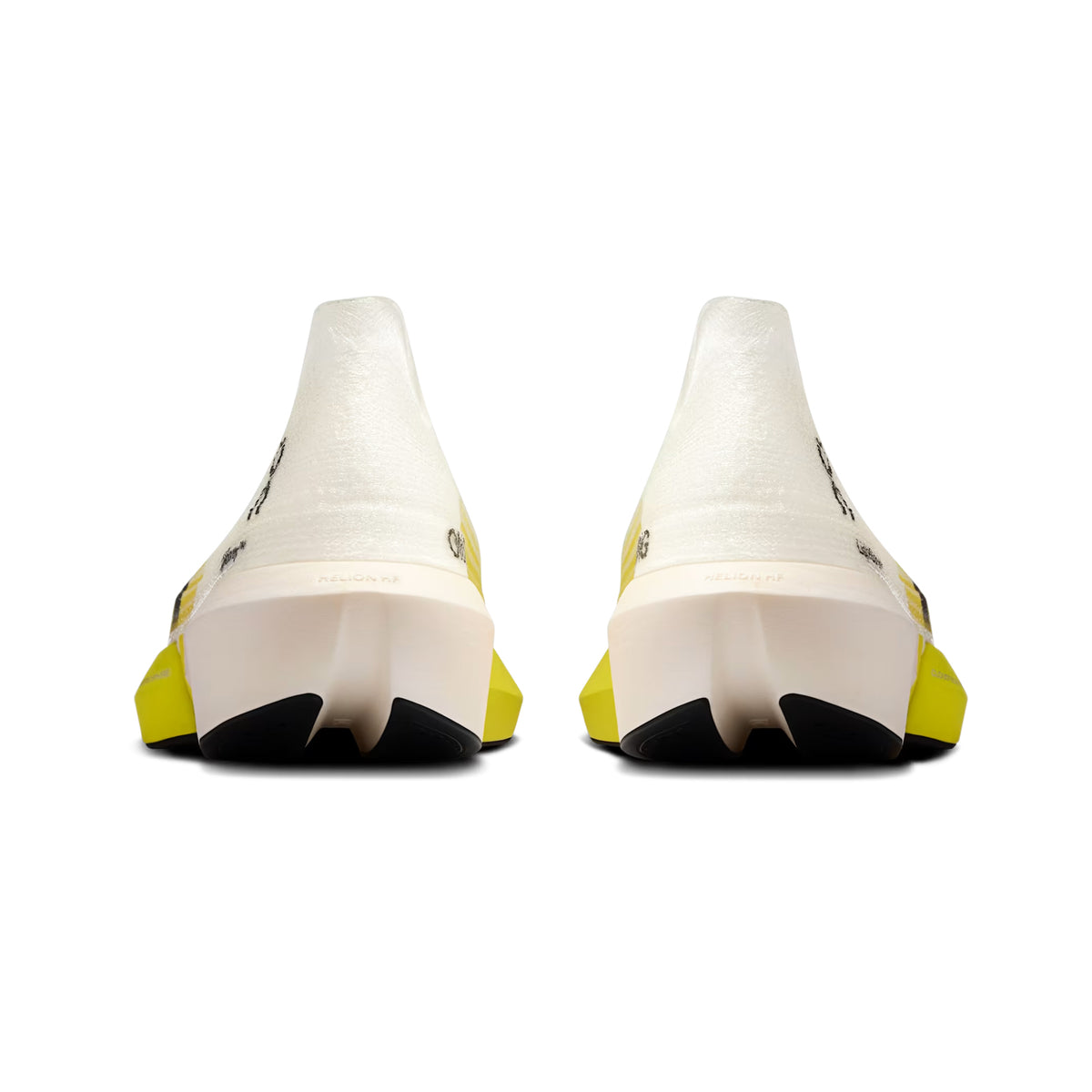 On LightSpray Cloudboom Strike 2 White Lime heel view showing Helion HF hyper foam with carbon Speedboard and CloudTec Sphere system for energy return and propulsion during race day