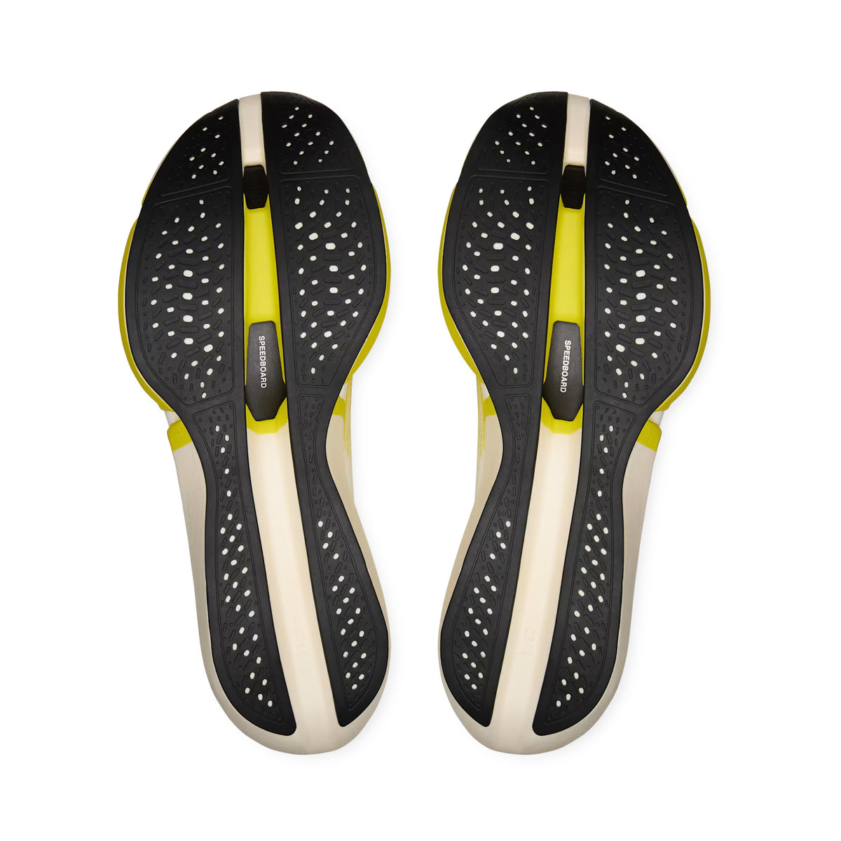 On LightSpray Cloudboom Strike 2 White Lime sole view displaying high-grip rubber outsole with CloudTec Sphere cushioning system for confident traction during marathon and half-marathon racing