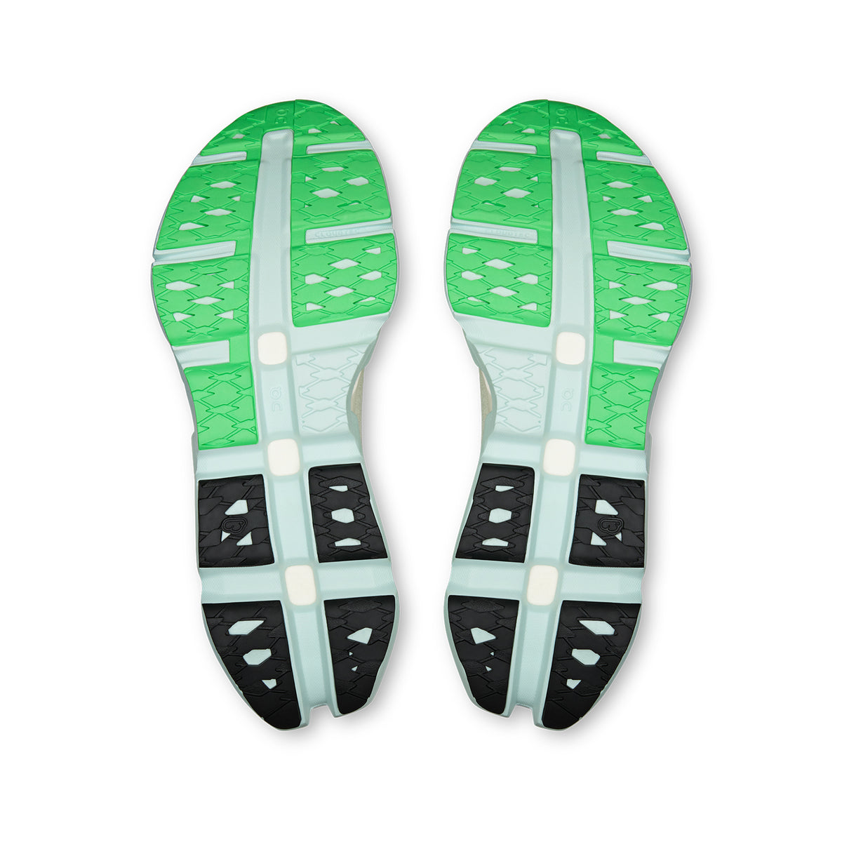 On Cloudmonster 3 Hyper LS Flurry Verdite sole view displaying CloudTec cushioning system with enhanced rocker shape for energetic push-offs during super trainer running