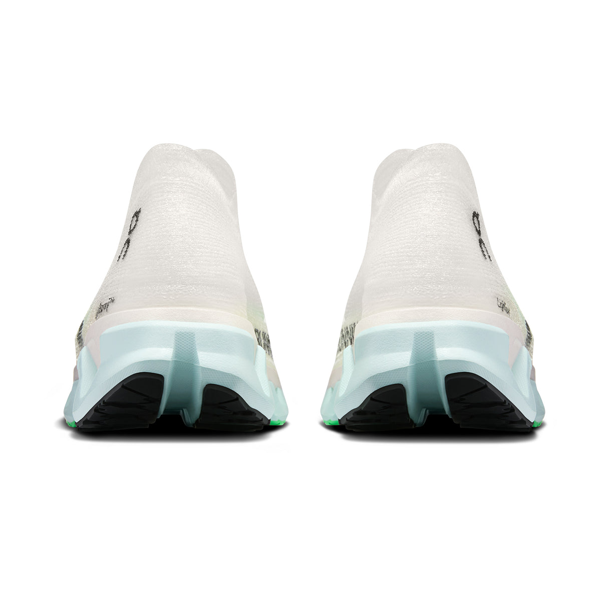 On Cloudmonster 3 Hyper LS Flurry Verdite heel view showing Helion HF hyper foam with Helion foam base layer for durable responsive cushioning during high-mileage training