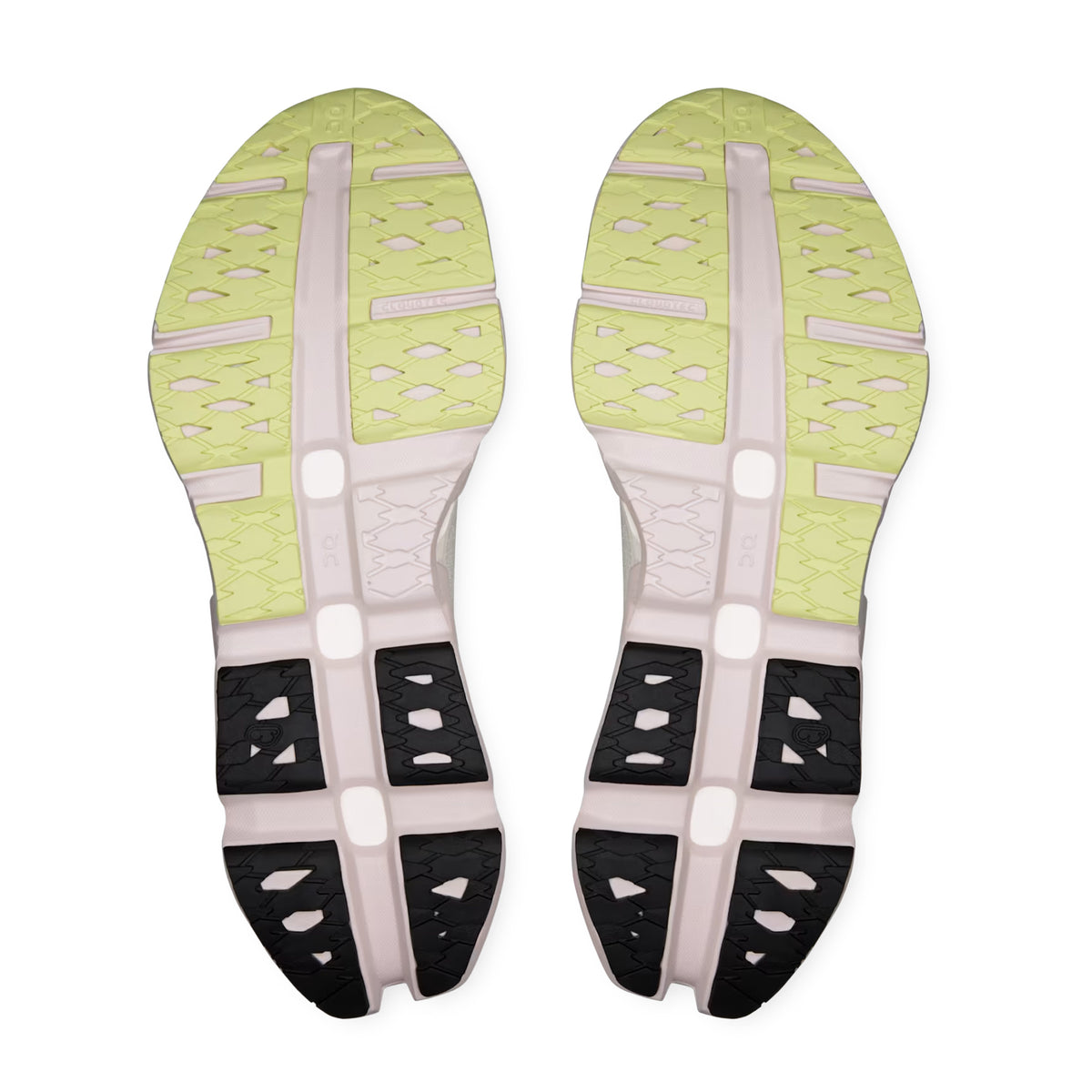 The LightSpray Cloudmonster 3 Hyper Lily / Limelight by On showcases two sneaker soles viewed from below, featuring a segmented pattern with light green and black rubber sections, a central white strip, and the innovative CloudTec® cushioning system, all set against a white background.