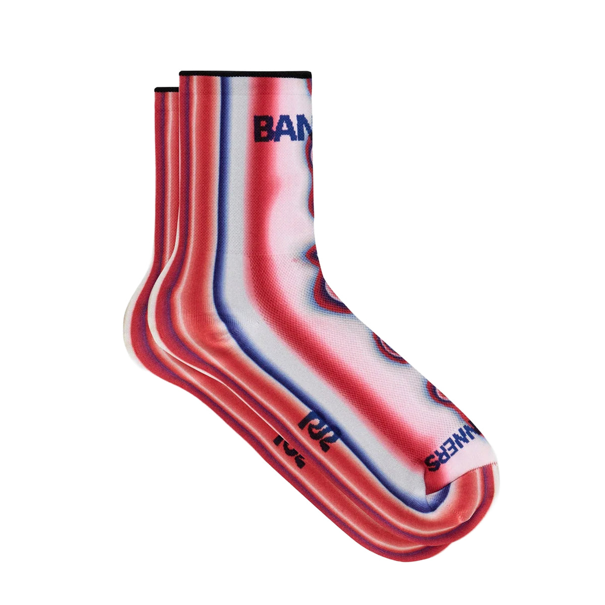 Two Bandit Lite Run 2 Pack Quarter Socks featuring a red, white, and blue melted stripe gradient pattern with blue text on the ankle and toe.