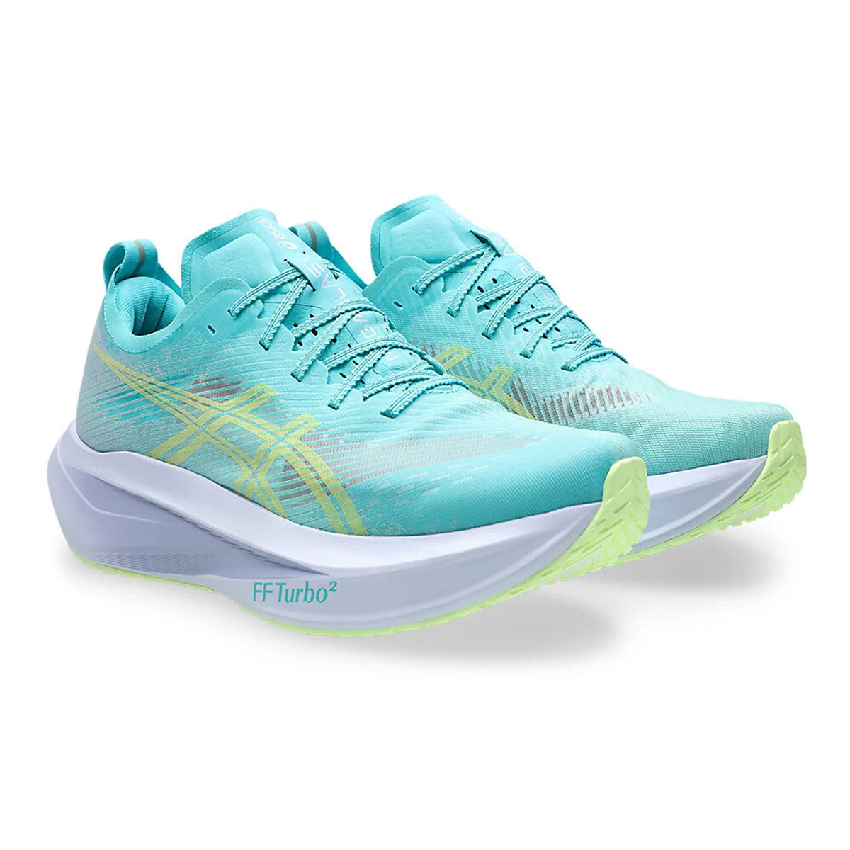 ASICS MEGABLAST running shoe in Energy Aqua / Blue Fade — angled side view showing energy aqua translucent woven upper, FF TURBO foam springy responsive design and blue fade midsole stack with ASICSGRIP outsole