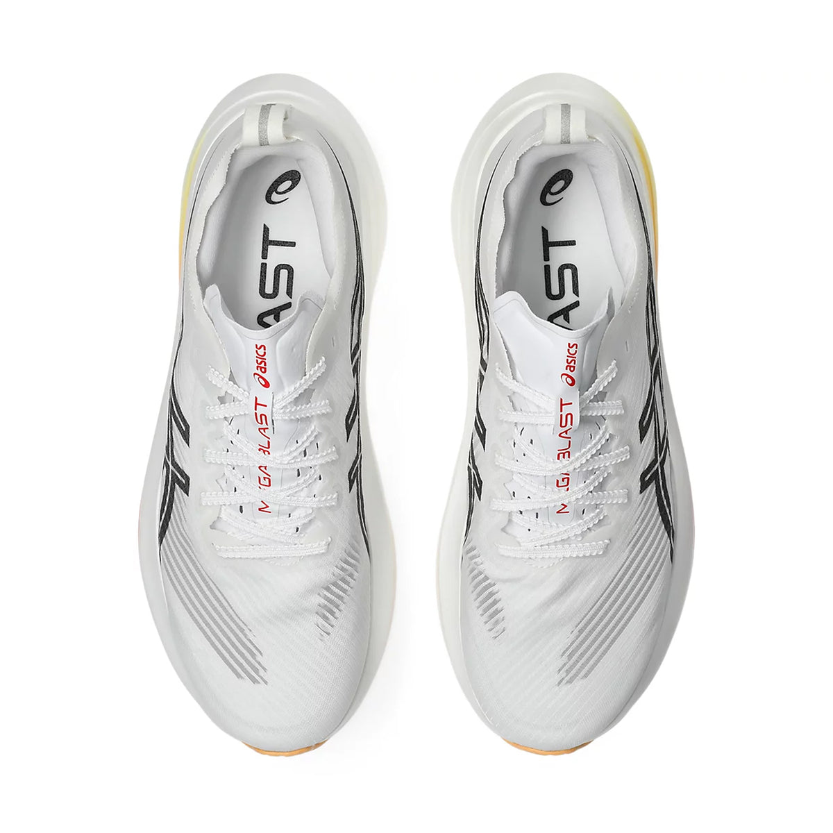 Top view of a pair of Megablast Running Shoes in White / Orange Glow, featuring black and orange ASICS branding, black stripes on the sides, and white laces, placed side by side on a white background. Built with FF TURBO foam for superior energy return on every stride.