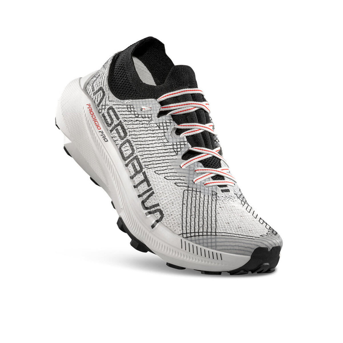 A white and gray running shoe with black accents, red and white laces, and La Sportiva branding on the side, angled to show the sole and side design.