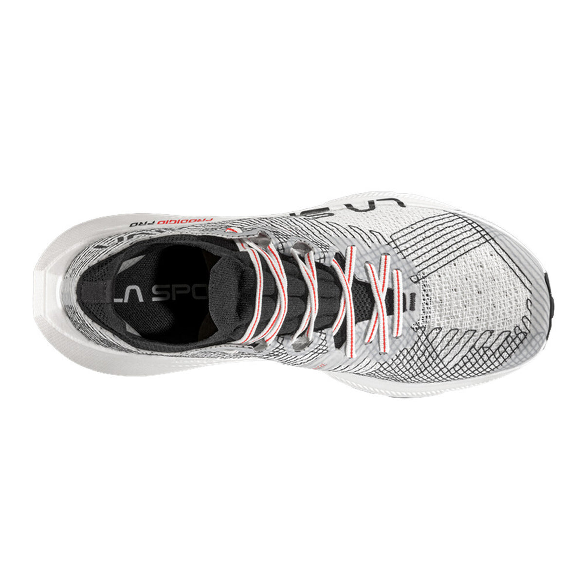 Top view of the La Sportiva Men’s Prodigio Pro Trail Running Shoes in White / Black, featuring black and red accents, black laces, and a visible La Sportiva logo on the insole. These responsive trail running shoes are equipped with an XFlow Speed midsole for optimal cushioning and enhanced performance during long-distance runs.