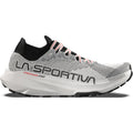 A side view of the Men’s Prodigio Pro Trail Running Shoe by La Sportiva in white and black, featuring prominent LA SPORTIVA branding and intricate upper detailing, equipped with the advanced XFlow Speed midsole for responsive trail running performance.