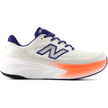 The Men’s X More v6 in Reflection / Blue Oyster / Tangerine Heat by New Balance is a white running shoe featuring blue and purple accents, a prominent N logo, and a thick sole that fades from white to bright orange at the front. Designed with Fresh Foam X More v6 technology for maximum cushioning, this sneaker ensures exceptional comfort and includes a black outsole under the heel.