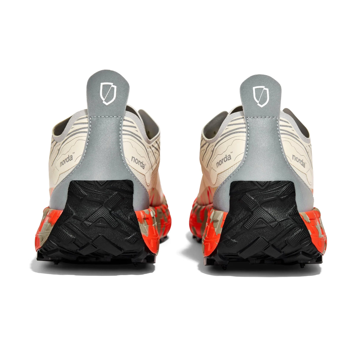 Men's norda 001A Trail Running Shoes RZ Fireclay pair heel view showing Arnitel TPEE midsole and norda Lock System sock gusset construction